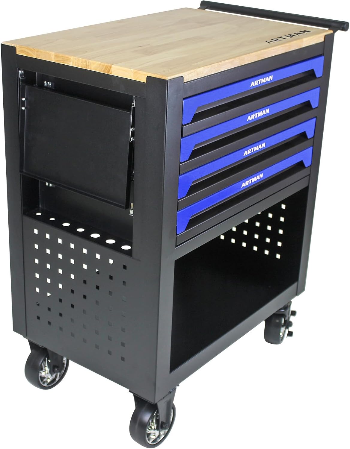 Campfun Tool Cart with 4 Drawers and Wheels, Mechanical Tool Workbench with Wooden Top for Storage in Garages, Workshops, and Repair Shops - Blue