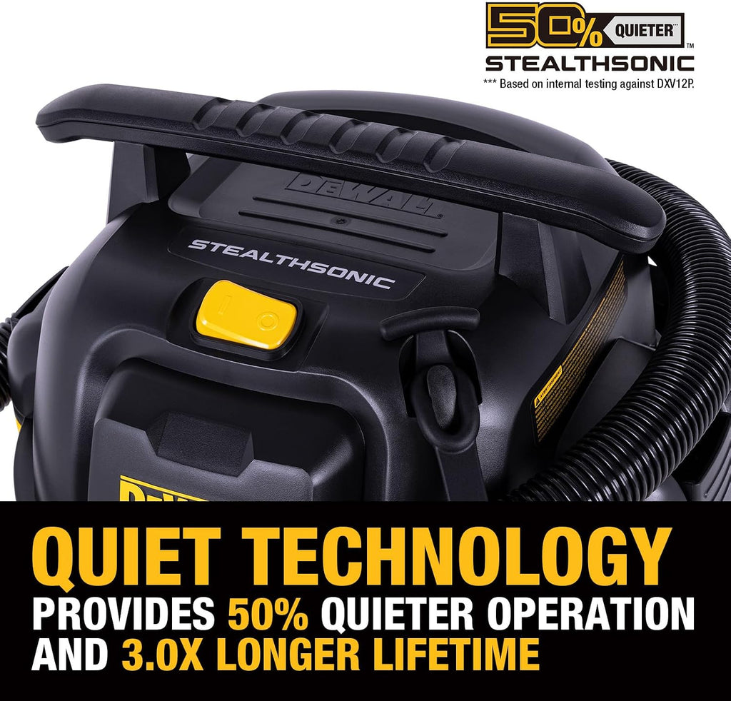 DEWALT 12 Gallon STEALTHSONIC Shop Vacuum Wet and Dry, 5.5 Peak HP Ultra Quiet Shop Vac with Powerful Suction, Wet Dry Vacuum Cleaner DXV12P-QTE with 6 Dust Bags for Jobsite, Garage, Workshop & Auto