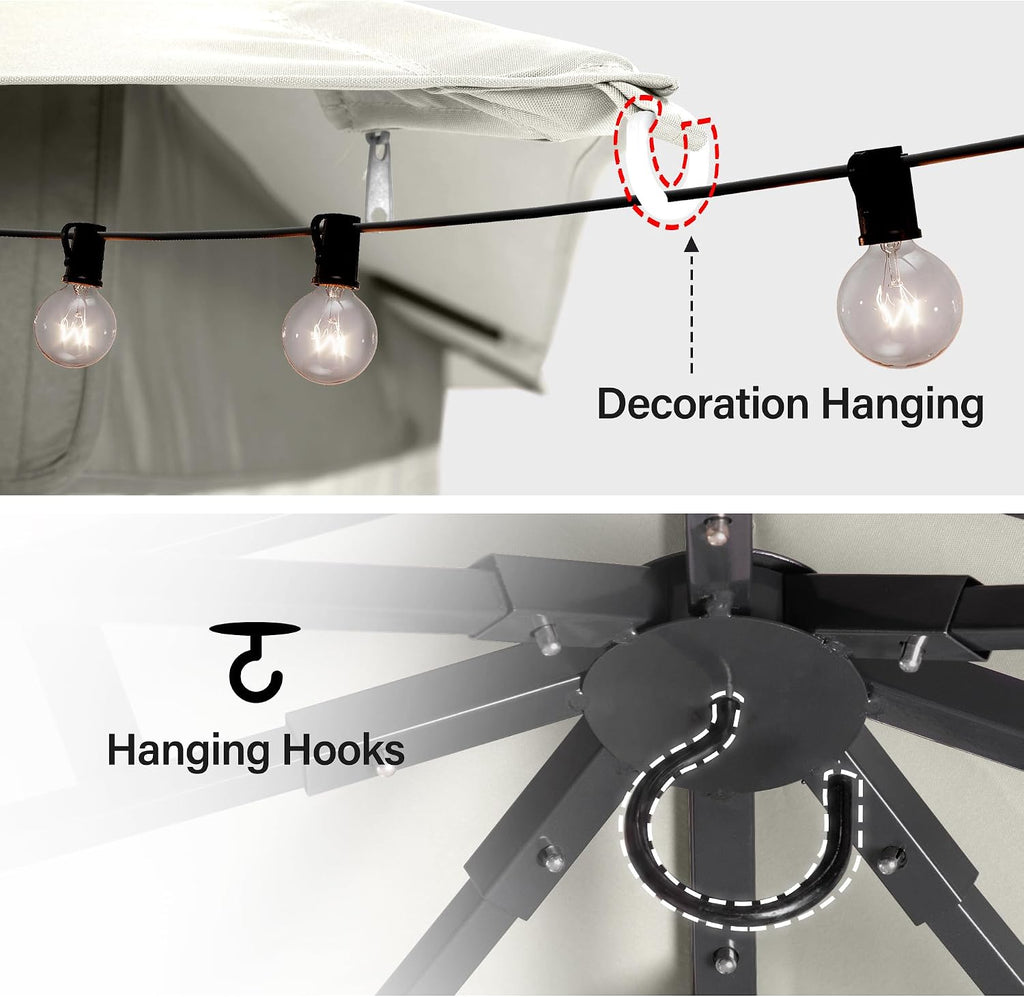 LAUSAINT HOME 10'x10' Outdoor Gazebo with 50FT String Lights, Metal Heavy Duty Patio Canopy Tent with Double Roofs, Mosquito Nettings and Privacy Screens for Backyard, Garden, Lawn, Cream White