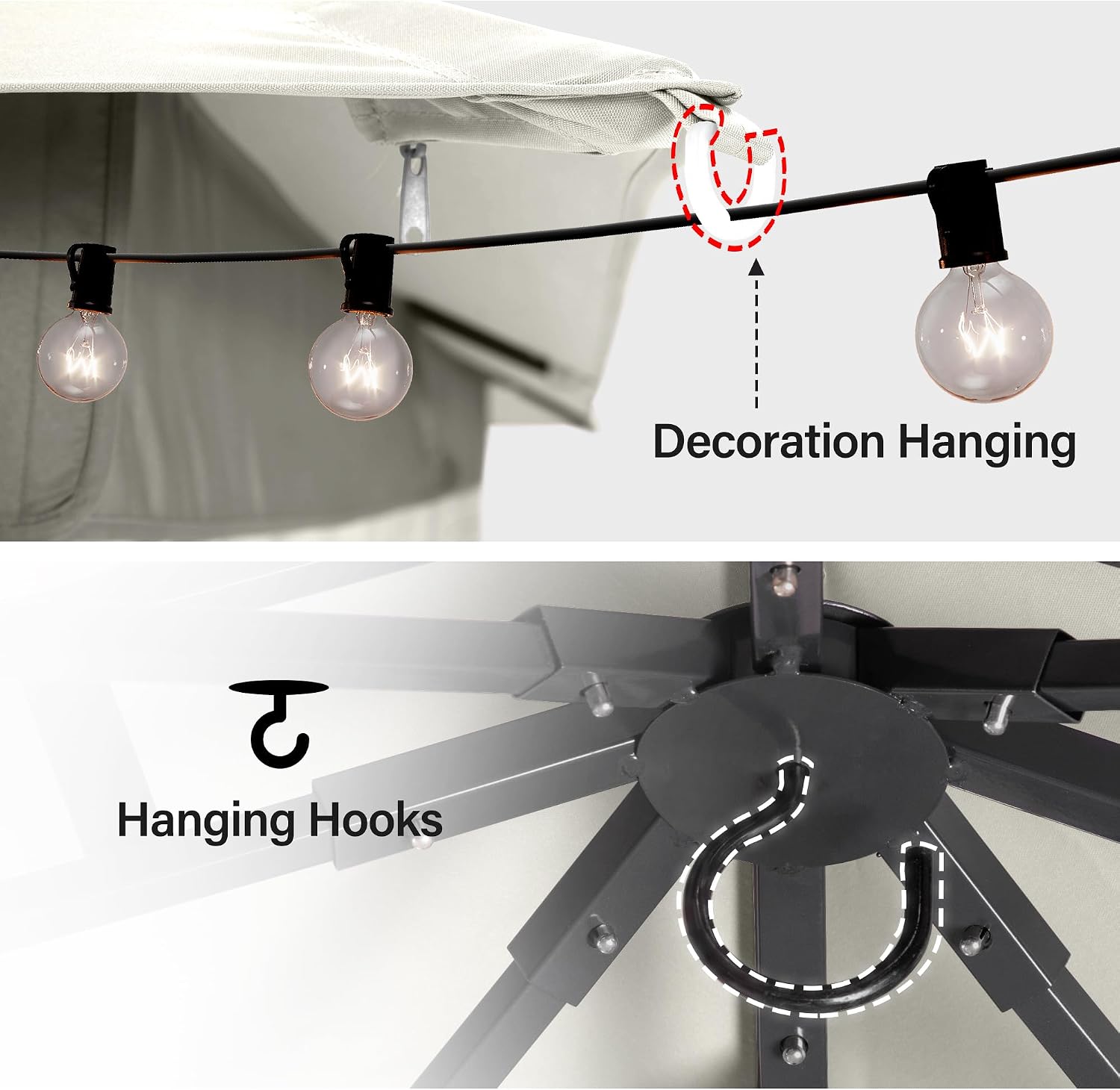 LAUSAINT HOME 10'x10' Outdoor Gazebo with 50FT String Lights, Metal Heavy Duty Patio Canopy Tent with Double Roofs, Mosquito Nettings and Privacy Screens for Backyard, Garden, Lawn, Cream White