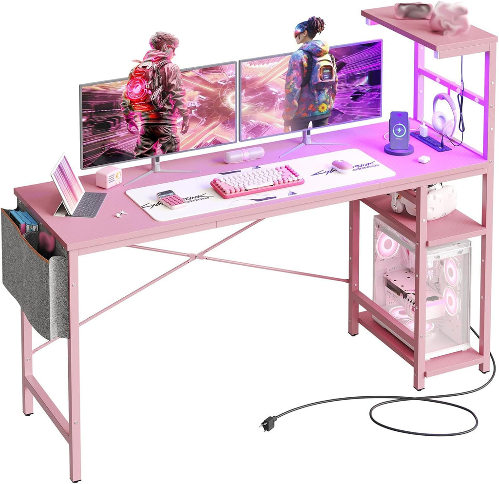 Bestier Gaming Desk with Power Outlets, 61 Inch Large Led Gamer Desk with 4 Tiers Reversible Shelves, PC Gaming Table with Headset Hook & Side Storage Bag for Bedroom (Pink 3D Carbon Fiber)