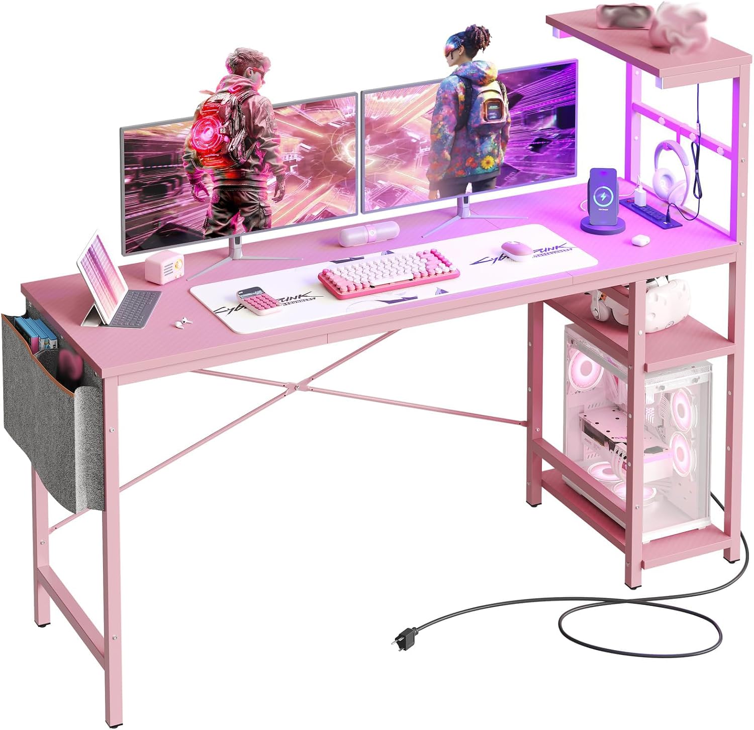 Bestier Gaming Desk with Power Outlets, 61 Inch Large Led Gamer Desk with 4 Tiers Reversible Shelves, PC Gaming Table with Headset Hook & Side Storage Bag for Bedroom (Pink 3D Carbon Fiber)