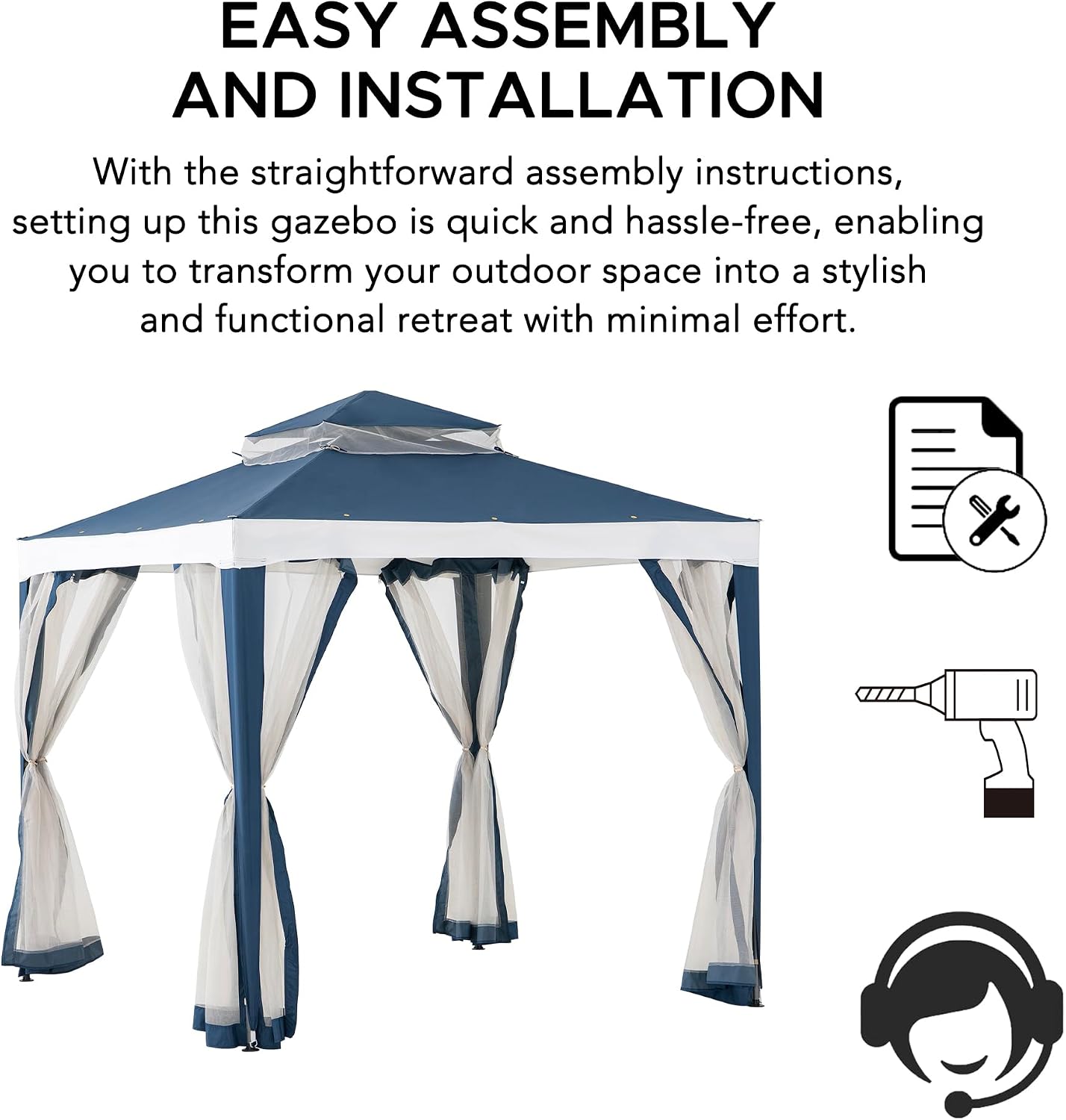 Sunjoy 8 x 8 ft. Soft Top Gazebo, Outdoor Patio Backyard Modern 2-Tier Steel Frame Gazebo with Mesh Netting - Navy Blue & White