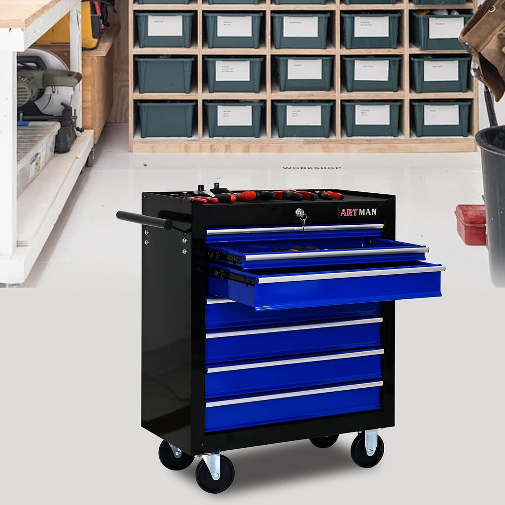 7 Drawers Tool Cart on Wheels, 7 Drawer Rolling Tool Chest with Key Lock, Trolley Organizer Tool Case, Multifunctional Rolling Tool Box for Garage,Warehouse,Workshop,Repair Shop (Black+Blue)