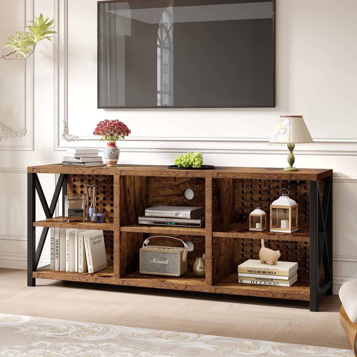 LVB TV Stand for 75 Inch TV, Industrial Wood and Metal Entertainment Center with Storage Shelf, Modern Television Media Console Table with Cabinet for Living Room Bedroom, Rustic Brown, 63in