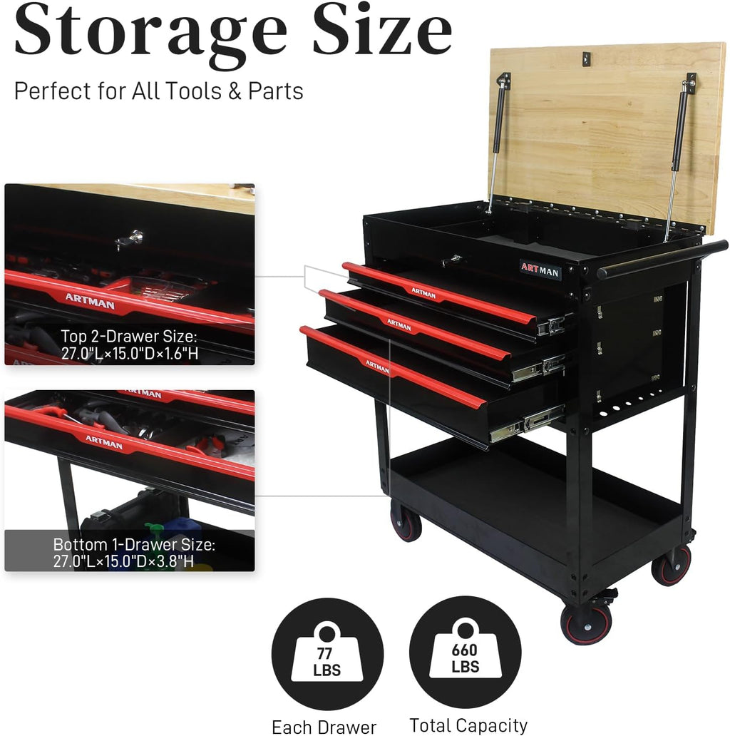 Rolling Tool Cart with 3-Drawer Utility Tool Box with Wheels Wood Top Mechanic Tool Storage Organizer Cabinet for Garage, Warehouse, Workshop, Repair Shop - Red