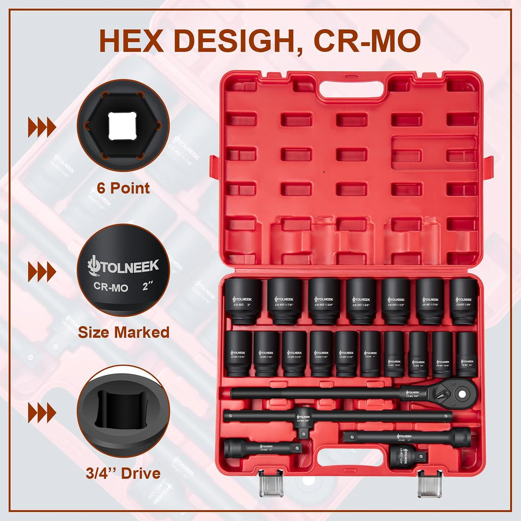 3/4' Impact Socket Set, 22PCS 6-Point SAE Sizes (3/4' to 2'), Cr-Mo Steel Set with Adapters, Quick Release Ratchet Wrench, Andextension Rod & Durable Storage Case