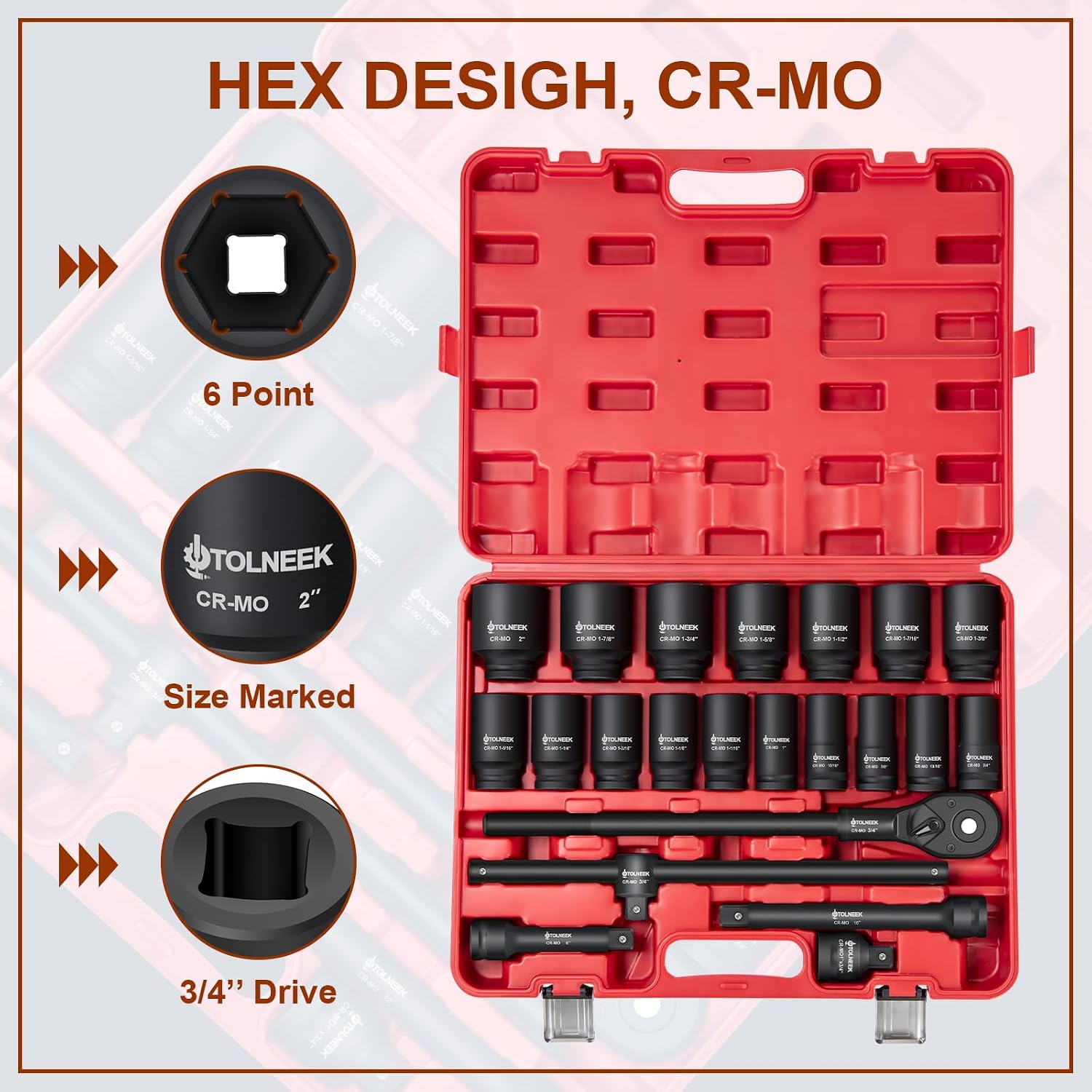 3/4' Impact Socket Set, 22PCS 6-Point SAE Sizes (3/4' to 2'), Cr-Mo Steel Set with Adapters, Quick Release Ratchet Wrench, Andextension Rod & Durable Storage Case