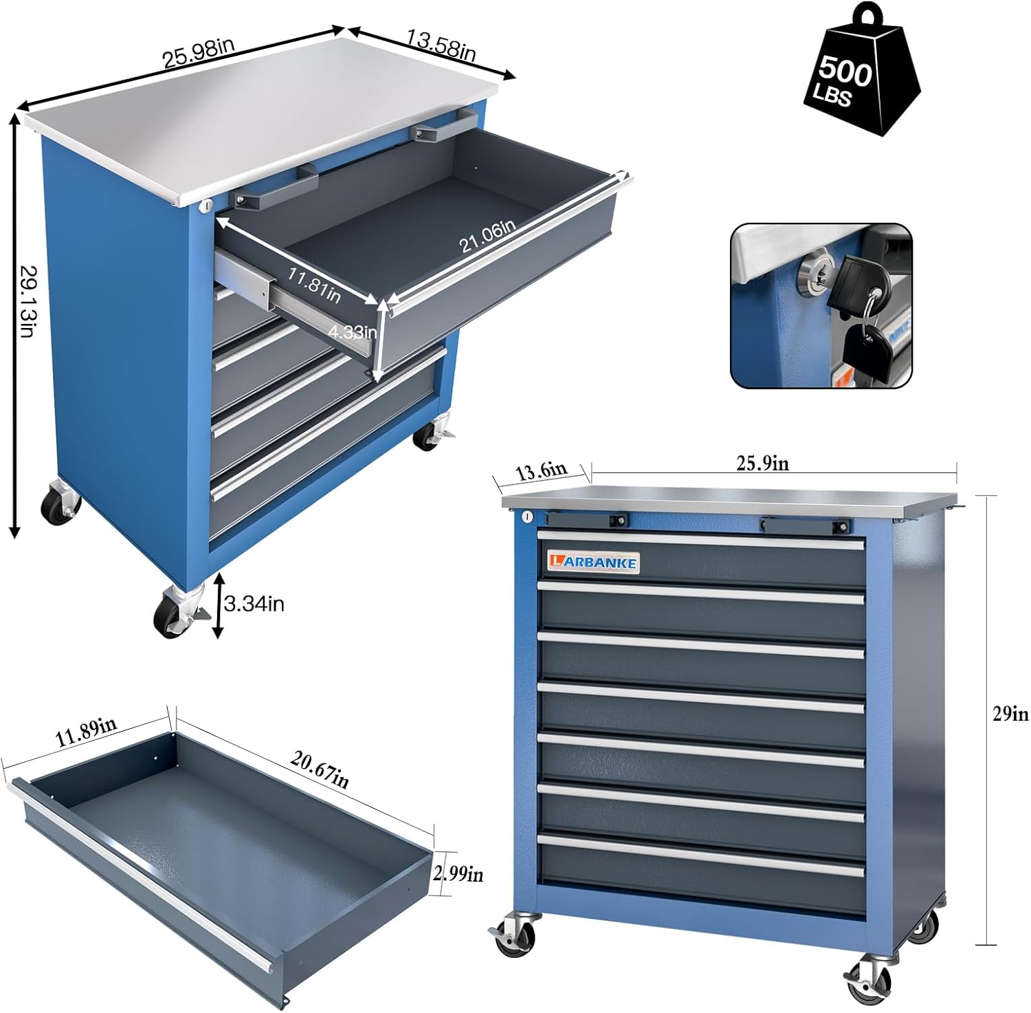 Larbanke Combination Tool Cabinet and Chest - 7+5 Drawer Tool Chest for Connected Use, Rolling with 360 Brake Wheels and Padded Feet, Blue