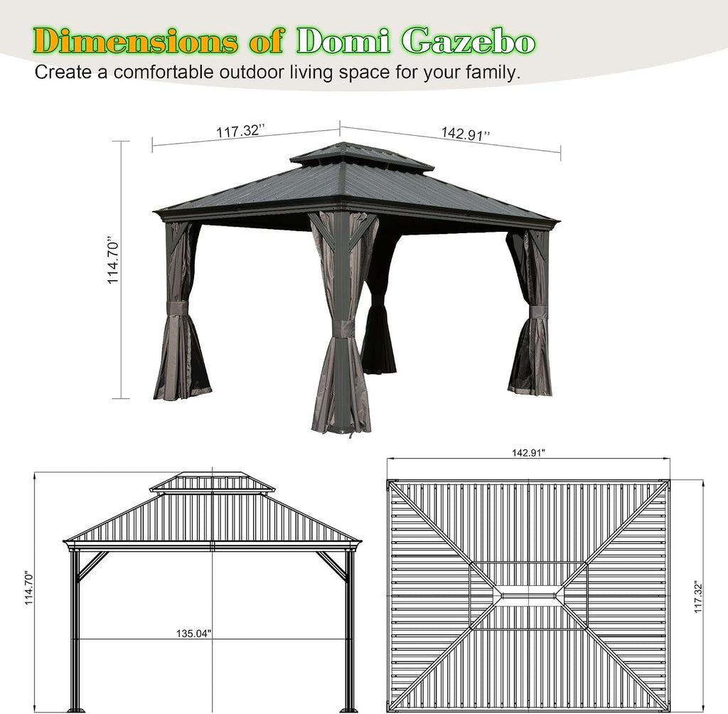 Domi 10x12FT Hardtop Gazebo, Outdoor Gazebo with Double Galvanized Steel Roof, Metal Pavilion Shelter for Patio, Lawn and Garden, Detachable Curtain and Netting Included, Gray