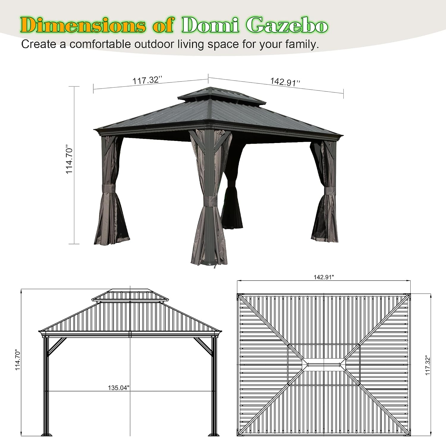 Domi 10x12FT Hardtop Gazebo, Outdoor Gazebo with Double Galvanized Steel Roof, Metal Pavilion Shelter for Patio, Lawn and Garden, Detachable Curtain and Netting Included, Gray