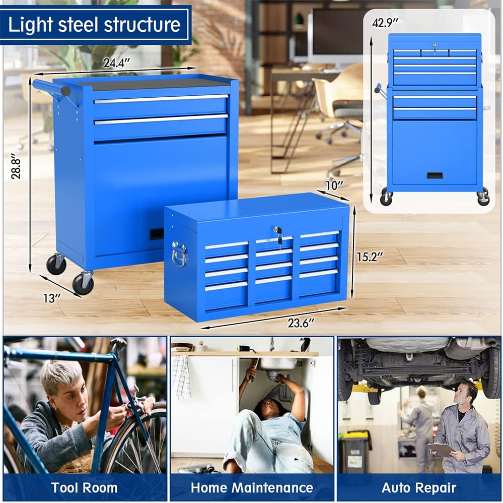 High Capacity Rolling Tool Boxes with Wheels and Drawers, 8-Drawer Storage Cabinet,Detachable Organizer Combo,Mobile Lockable Toolbox for Workshop Mechanics Garage (Blue)