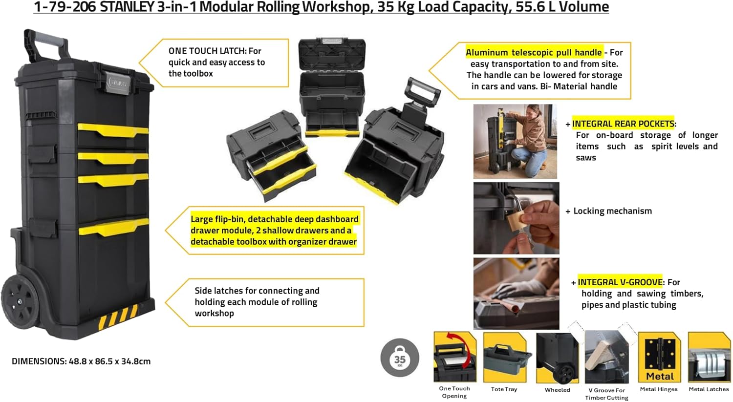 STANLEY Rolling Workshop Toolbox, Detachable Toolbox with Drawers, Flip Bin, Back Pocket, 7 Heavy Duty Wheels, 1-79-206