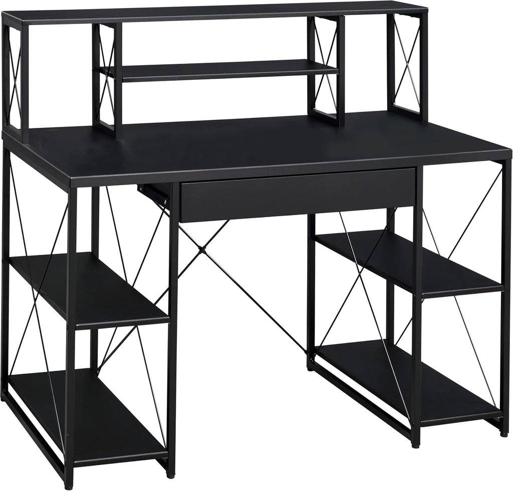 Modern Computer Desk with Hutch and Open Shelves, Foldable Adjustable Portable Gaming Study Desk Table with Wheels for Bedroom Office Student Sturdy Furniture,Black-Wood
