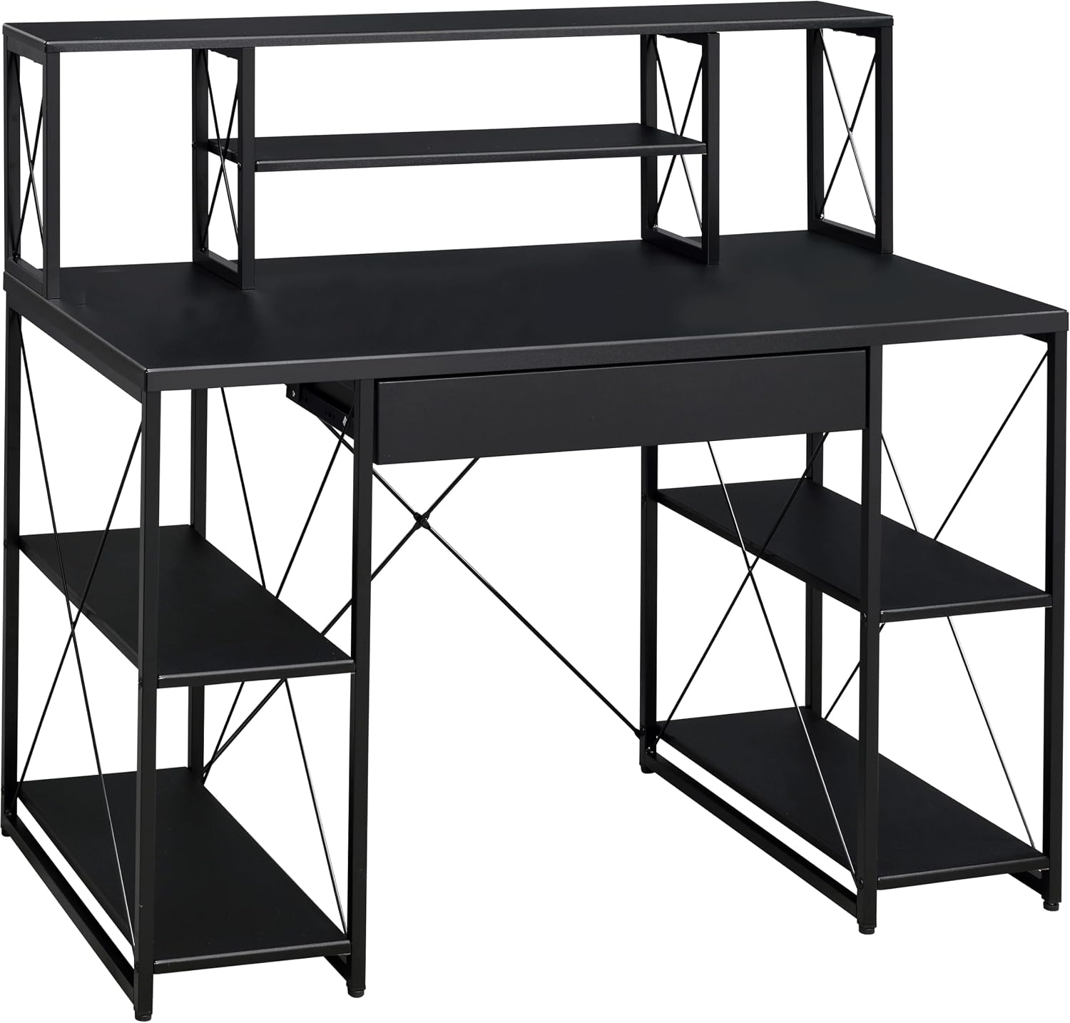 Modern Computer Desk with Hutch and Open Shelves, Foldable Adjustable Portable Gaming Study Desk Table with Wheels for Bedroom Office Student Sturdy Furniture,Black-Wood