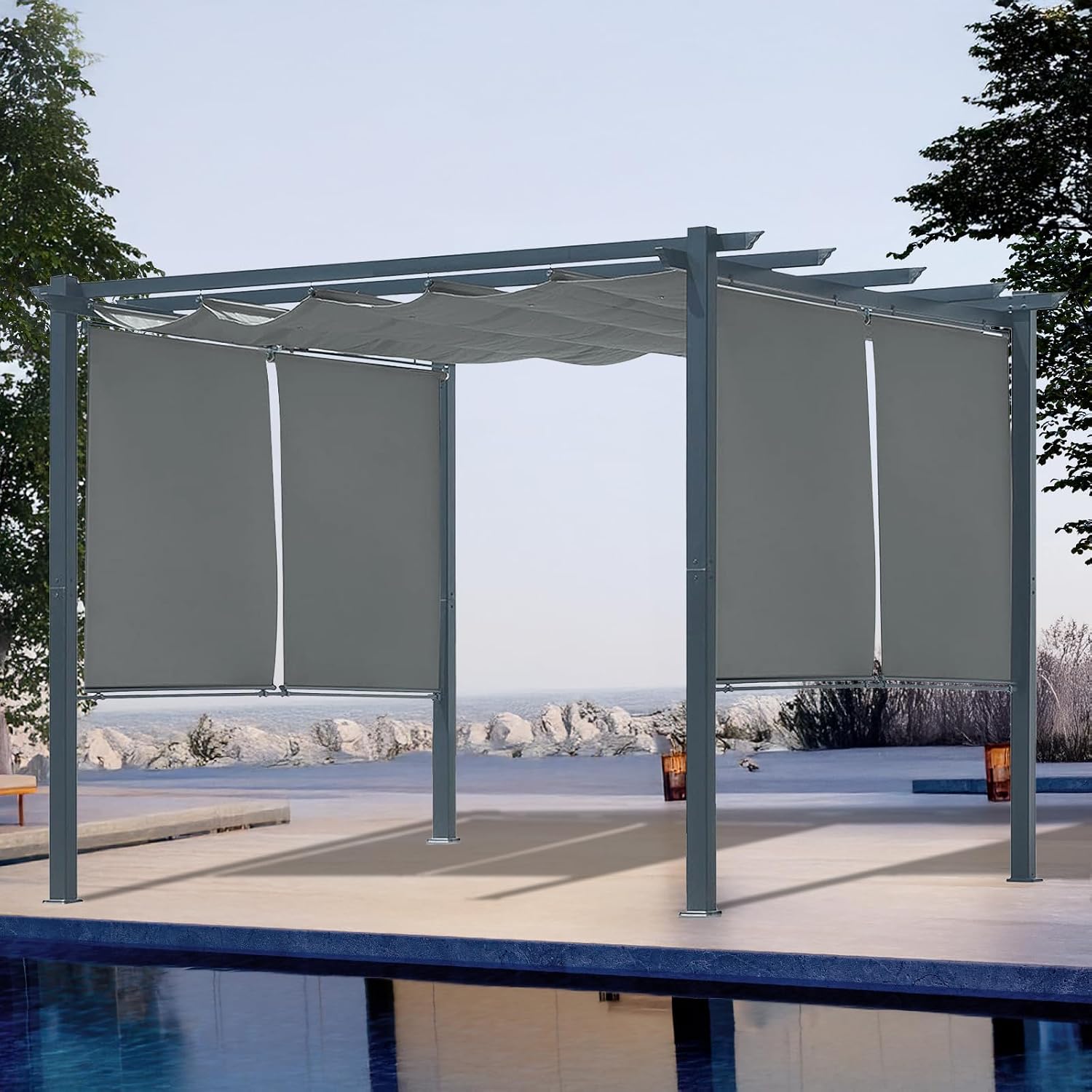 10 x 10 Ft Outdoor Aluminum Pergola, Retractable Canopy & 2 Sides Shades for Patio Backyard Garden Deck