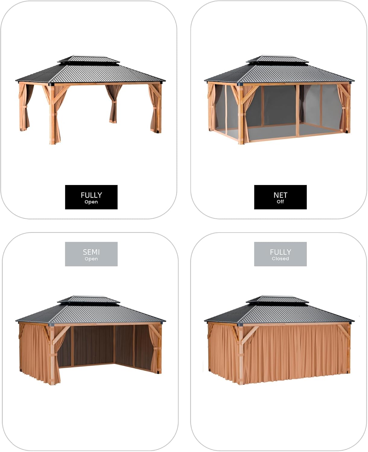 GAOMON Hardtop Spruce Wood Gazebo 10'x12', with Double Roof of Metal Sheets, 4.7'' Heavy Duty Poles, Net, and Curtain, Permanent Building for Patio, Deck, Backyard, Lawn, and Garden, Khaki
