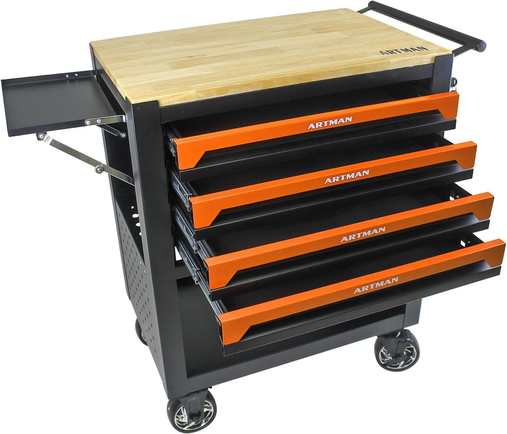4 Drawers Tool Chest on Wheels,Tool Storage Cart with Wooden Top,Drawers Rolling Tool Box Organizer Tool Case with Lock for Garage,Warehouse,Workshop,Repair Shop (4 Drawers-35.4'H-Black&Orange)