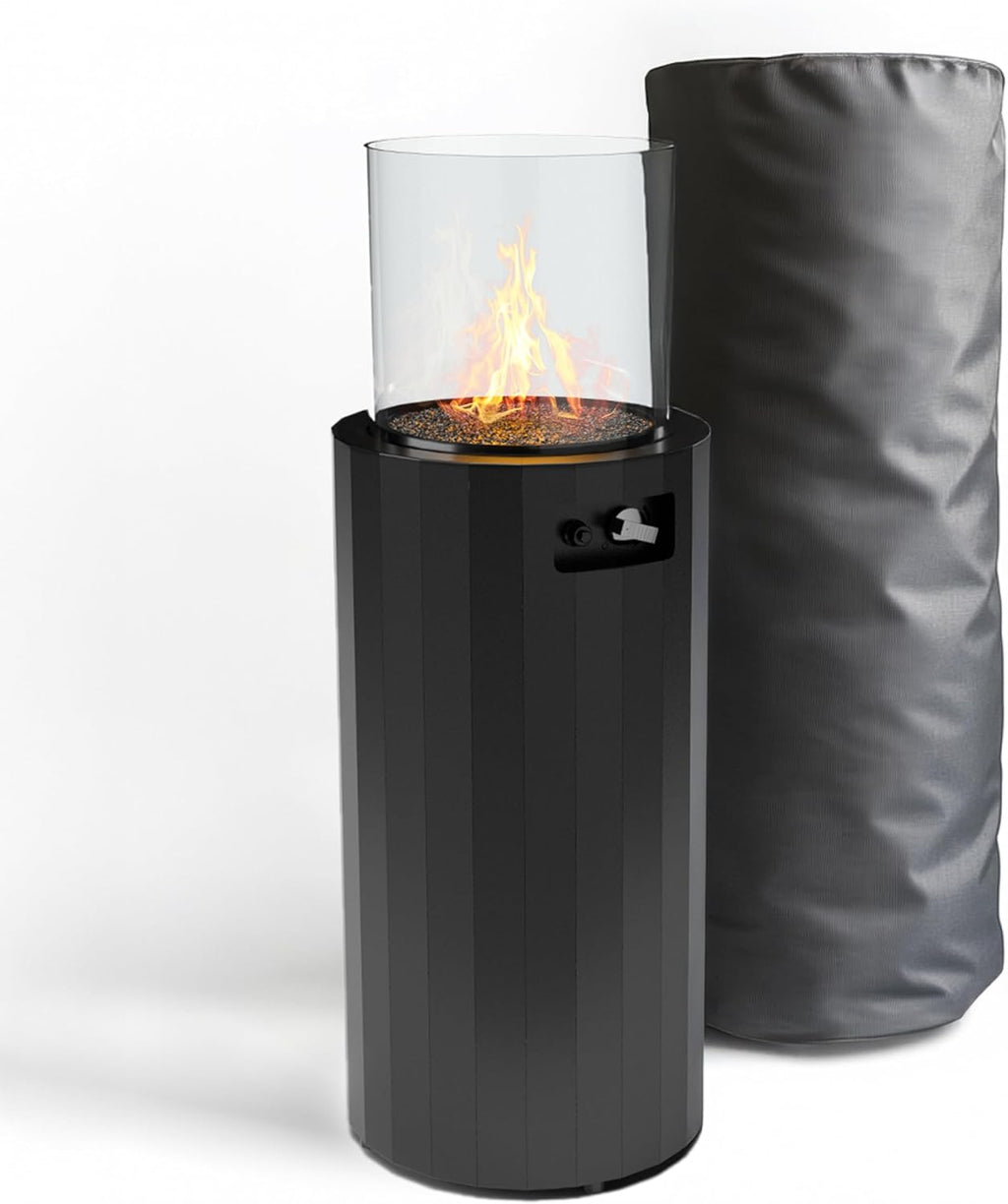 Planika BINO Outdoor Gas Fireplace - Fire Column with Glass Shield for Patio or Gardens (Outdoor Cover Incl) (Black)