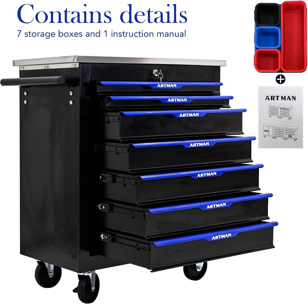7-Drawer Heavy-Duty Rolling Steel Tool Cart with Handle&Wheels, Metal Storage Organizer Cabinet, Tool Chest for Efficient Tool Storage in Garage, Warehouse, Workshop, Repair Shop, Blue