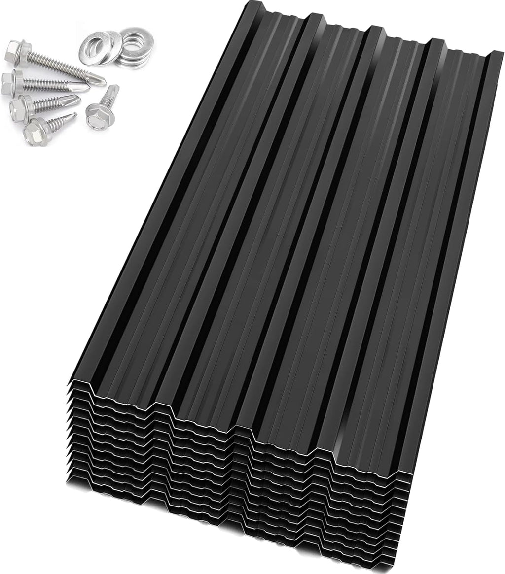 Metal Roof Panels 50.78X16.77 in 12 PCS Galvanized Steel Corrugated Tin Roofing Panels Gazebo Top Cover Garages,Black
