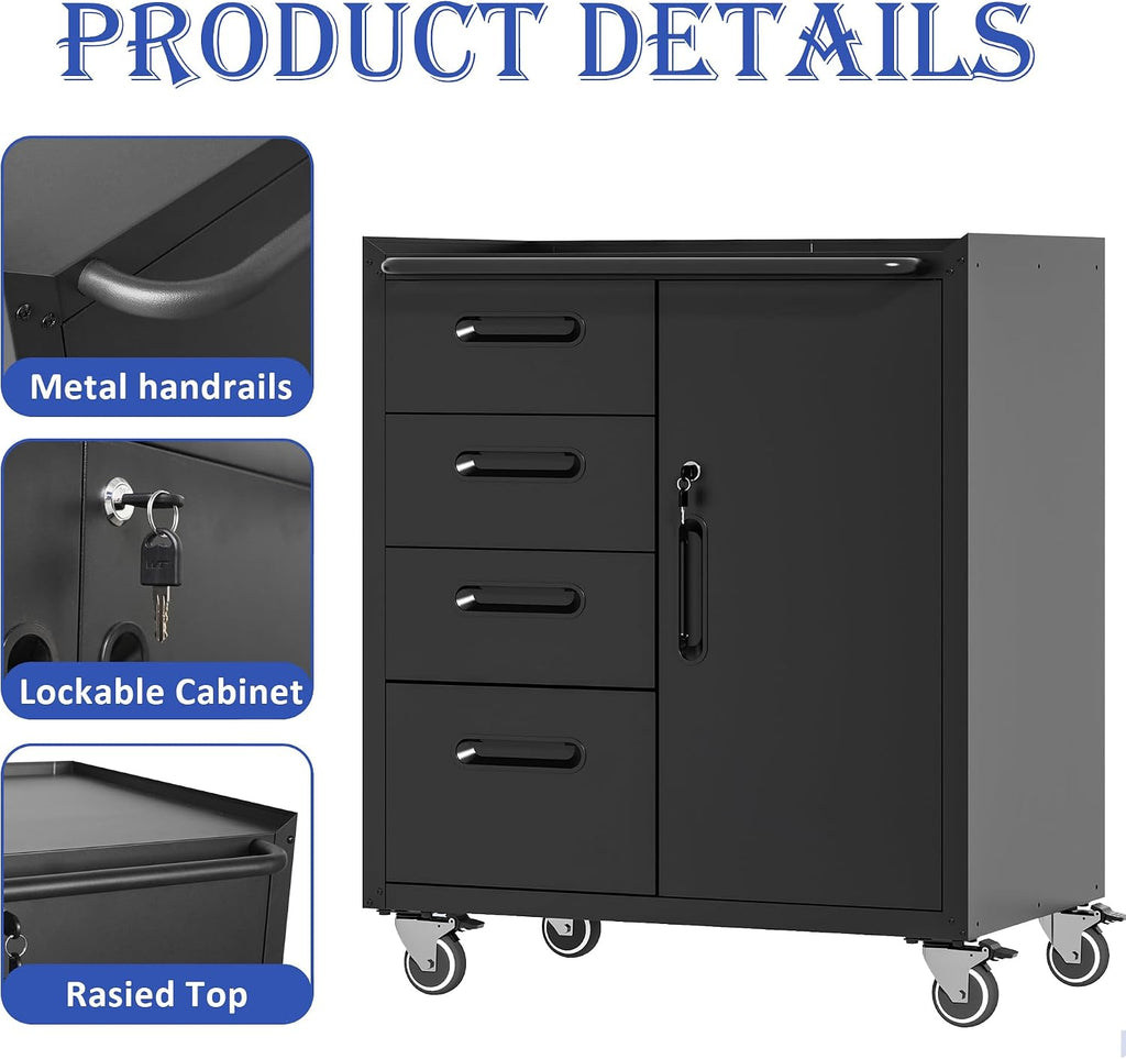 Mobile Tool Storage Cabinet with 4 Drawer and 1 Locking Doors,Heavy Duty Rolling Tool Cabinets for Garage,Metal Storage Cabinets Tool Cart on Wheels with Wheels,Assembly Required