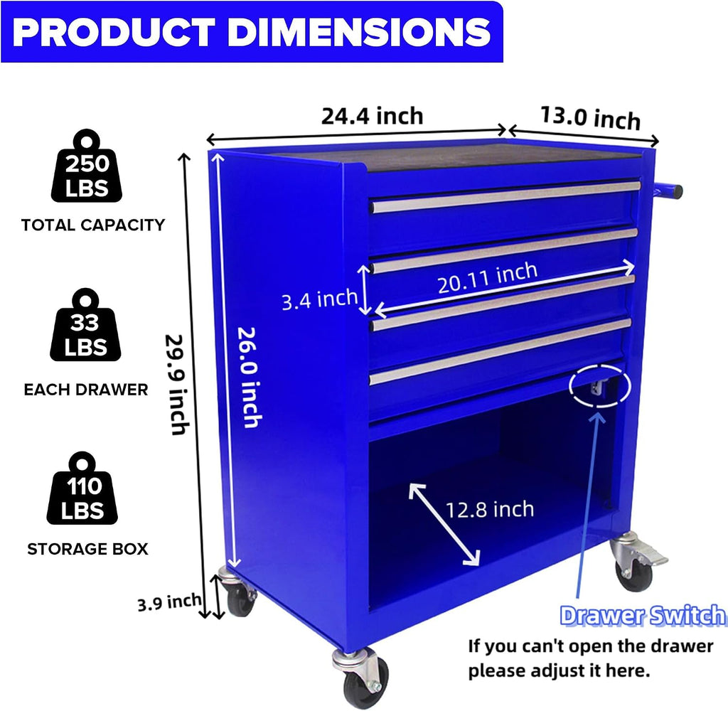 4 Drawers Tool Cart on Wheels, Rolling Tool Box Tool Storage, Drawers Rolling Organizer Tool Case for Garage, Warehouse, Workshop, Repair Shop (4 Drawers-Blue)