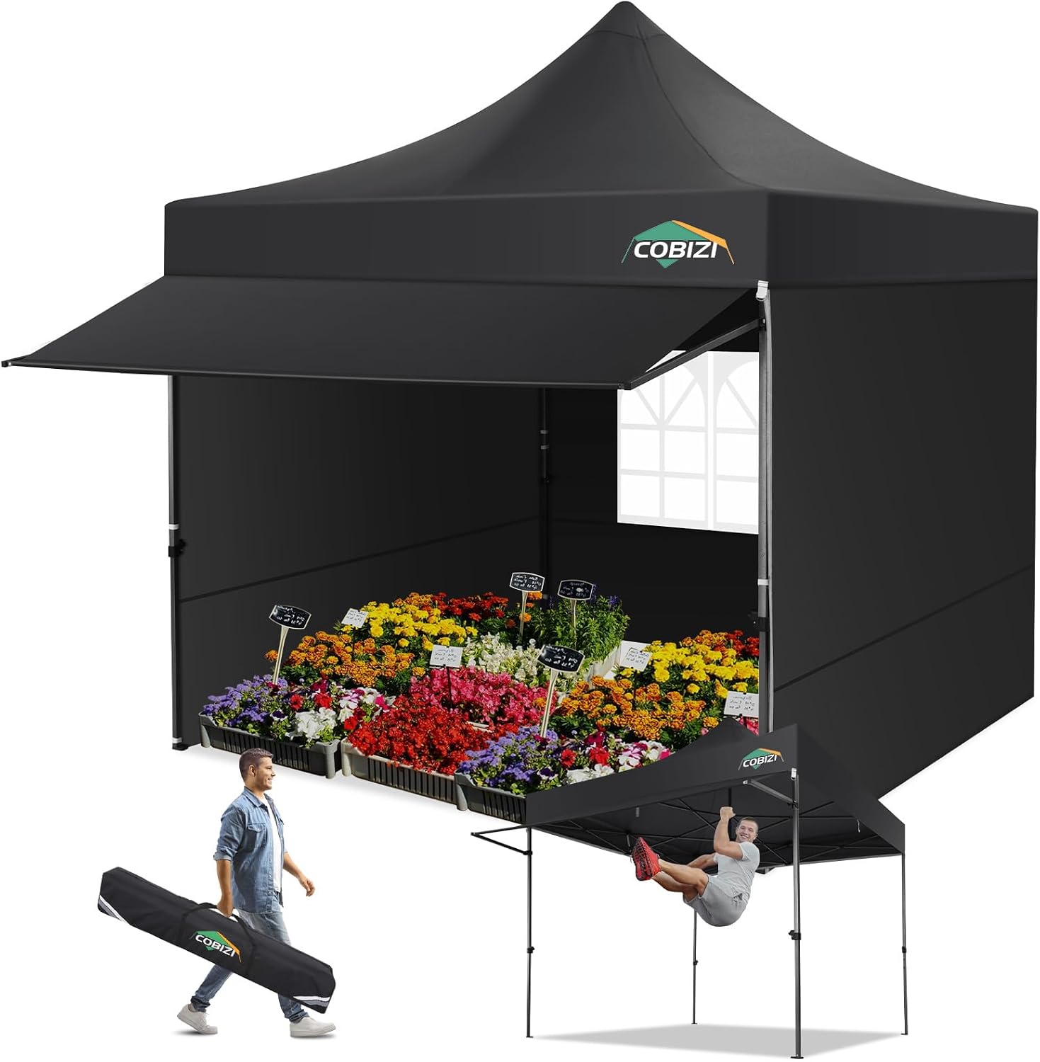 COBIZI 10x10 Pop Up Canopy Tent with Awning & Sidewalls, Heavy Duty Commercial 10X10 Canopy Tents Instant Waterproof, UPF 50+ Sun Shade for Outdoor, Parties, Markets (Black)