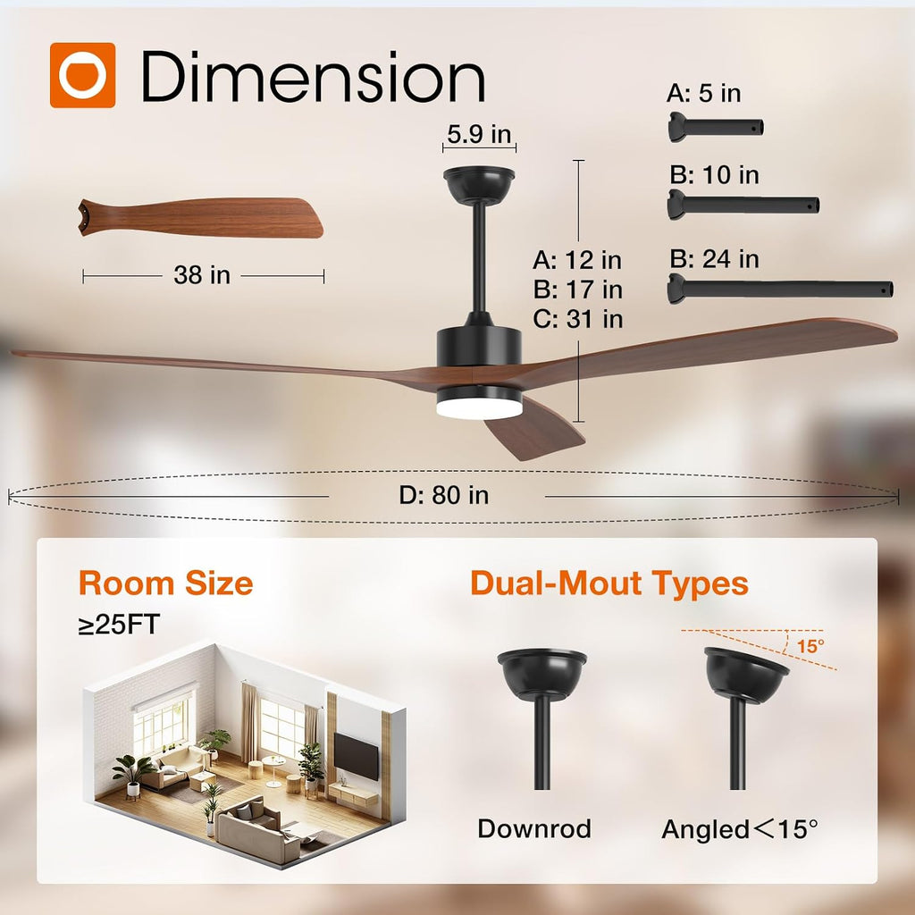 addlon 80 inch Ceiling Fans with Lights and Remote Control, Reversible, 3 Wood Blades, 6 Speeds, 3CCT Dimmable, Noiseless, Indoor/Outdoor Black Walnut Ceiling Fan for Bedroom Living Room Gazebo Patio