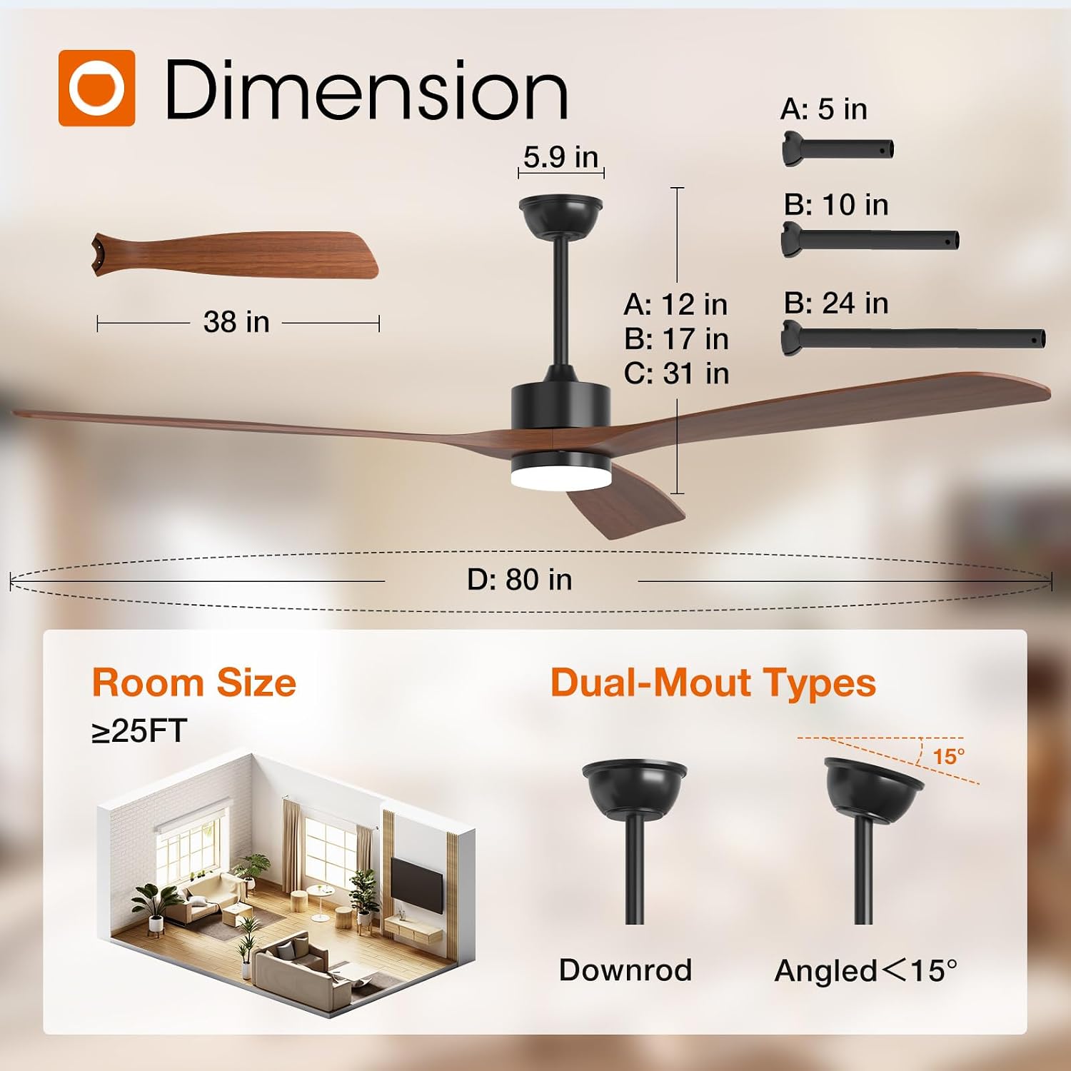 addlon 80 inch Ceiling Fans with Lights and Remote Control, Reversible, 3 Wood Blades, 6 Speeds, 3CCT Dimmable, Noiseless, Indoor/Outdoor Black Walnut Ceiling Fan for Bedroom Living Room Gazebo Patio