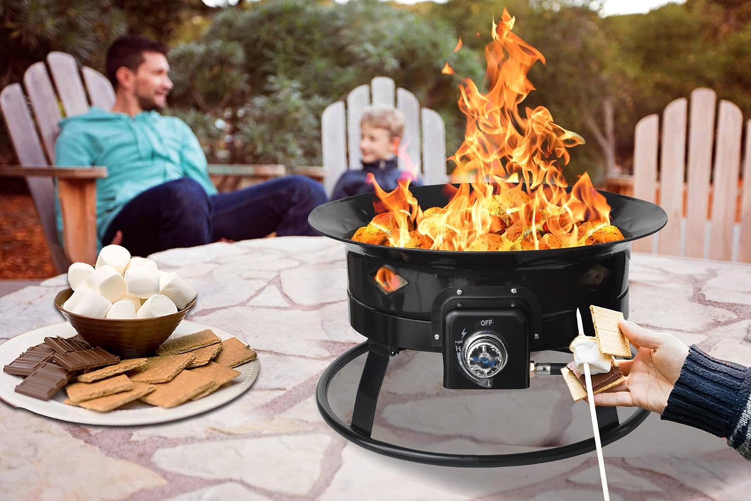 Flame King Smokeless Propane Fire Pit, 19-inch Portable Firebowl, 58K BTU with Self Igniter, Cover, & Carry Straps for RV, Camping, & Outdoor Living