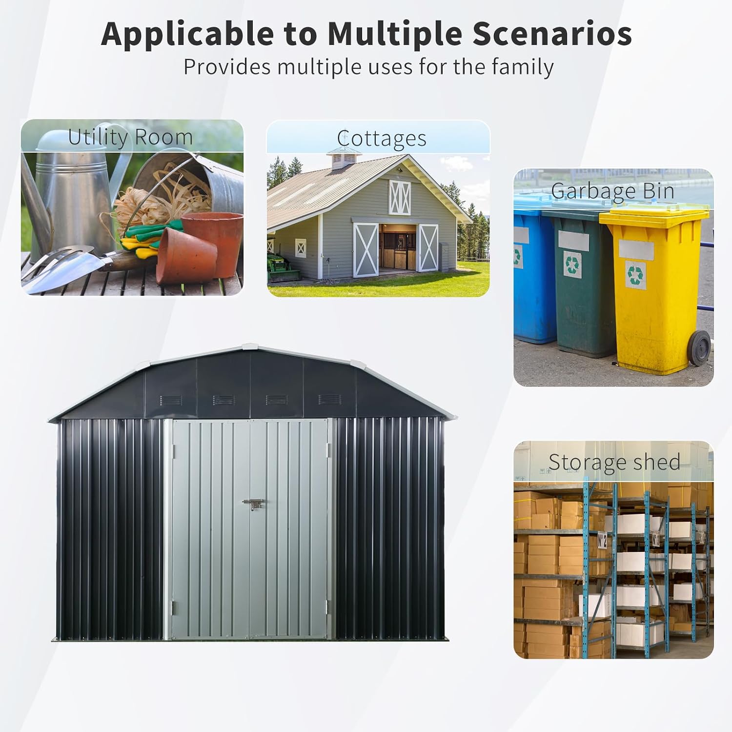 10 x 12 FT Outdoor Metal Storage Shed with Design of Four Sloping Roof and Lockable Doors for Backyard Garden Patio Lawn, Black