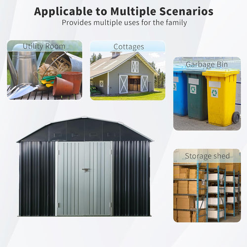 10 x 12 FT Outdoor Metal Storage Shed with Design of Four Sloping Roof and Lockable Doors for Backyard Garden Patio Lawn, Black