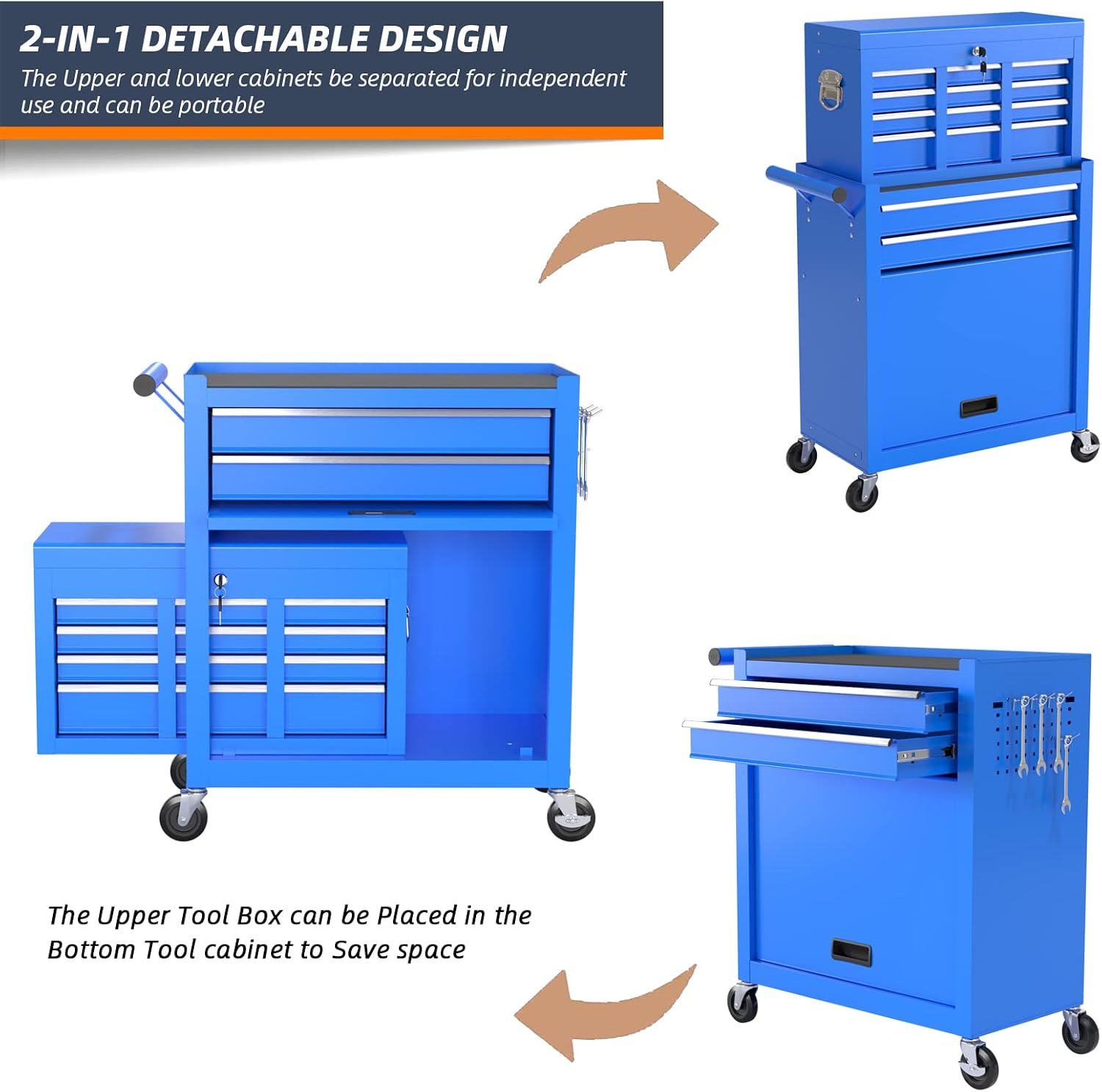 8-Drawer Rolling Tool Box, Lockable Rolling Tool Chest with Wheels and Drawers, 2 in 1 Large Capacity Storage Tool Cabinet for Warehouse, Garage, Tool Room and Repair Shop (Blue)