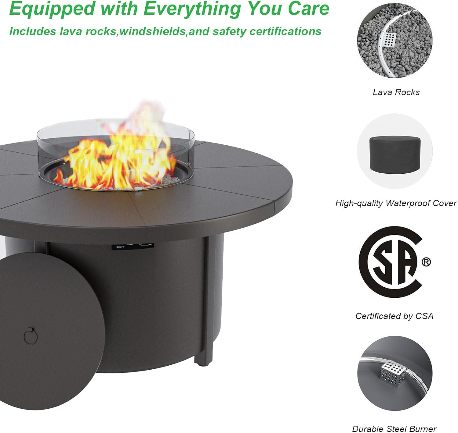 48' Round Propane Fire Pit,Steel Tabletop Fire Pit w Lava Rocks,55000 BTU Auto-Ignition CSA Certified Gas Fire Pits with Lid & Windproof Glass for Outdoor,Patio,Backyard