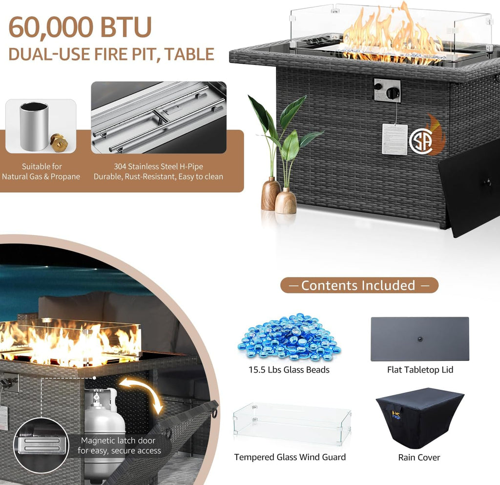 NICESOUL Wicker Propane Fire Pit Table, 60000 BTU Large Natural Gas Firepit Tables, 43'' Rectangle CSA Fireplaces for Deck Backyard, Fire Table with Windguard&Glass Rocks&Cover, Gray