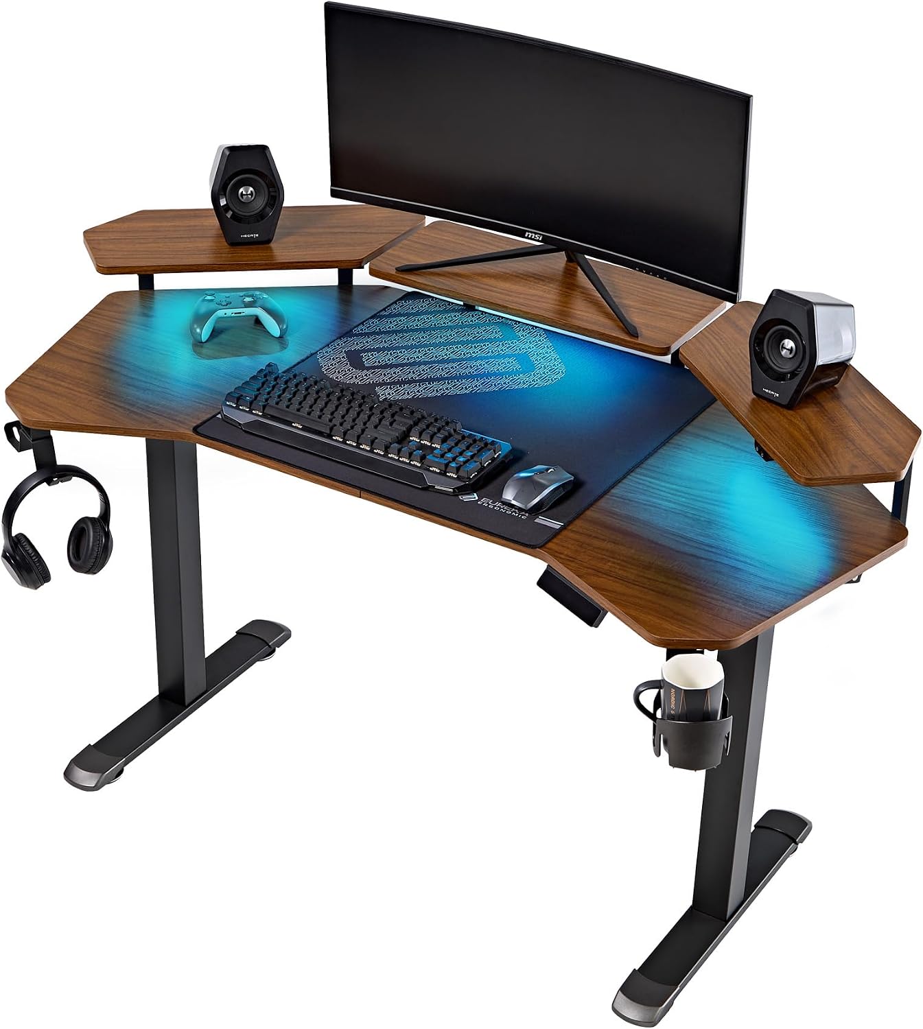 EUREKA ERGONOMIC Aero 55 Inch W Shaped Electric Standing Desk, Height Adjustable Computer Gaming Desk with LED Monitor Shelf, Mouse Pad, Headphone Hook, Cup Holder, Dark Walnut