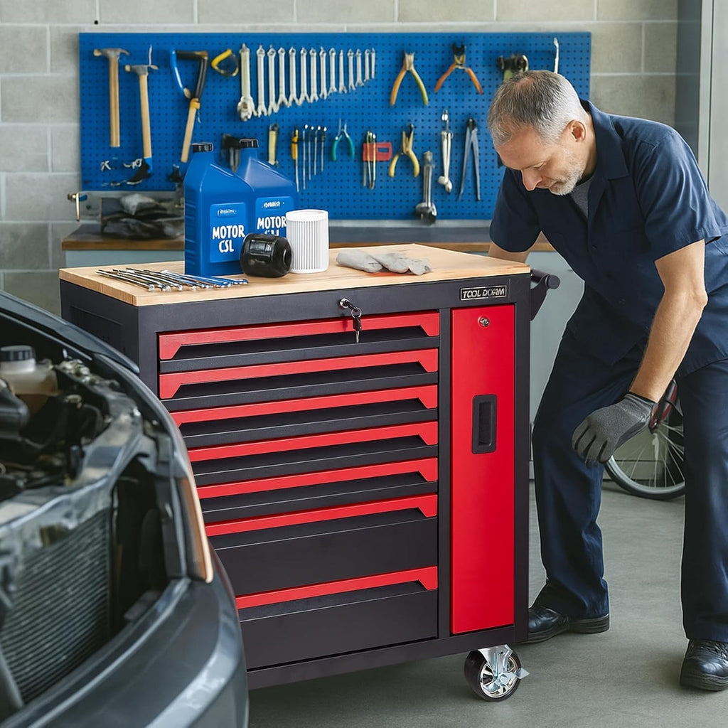 Rolling Large Tool Chest Cabinets 36.2-Inch 7 Horizontal Drawers and 1 Vertical Side Drawer 4 Wheels Workbench with Rubber Wooden Table Rolling Tool Box with Drawers and Locking System