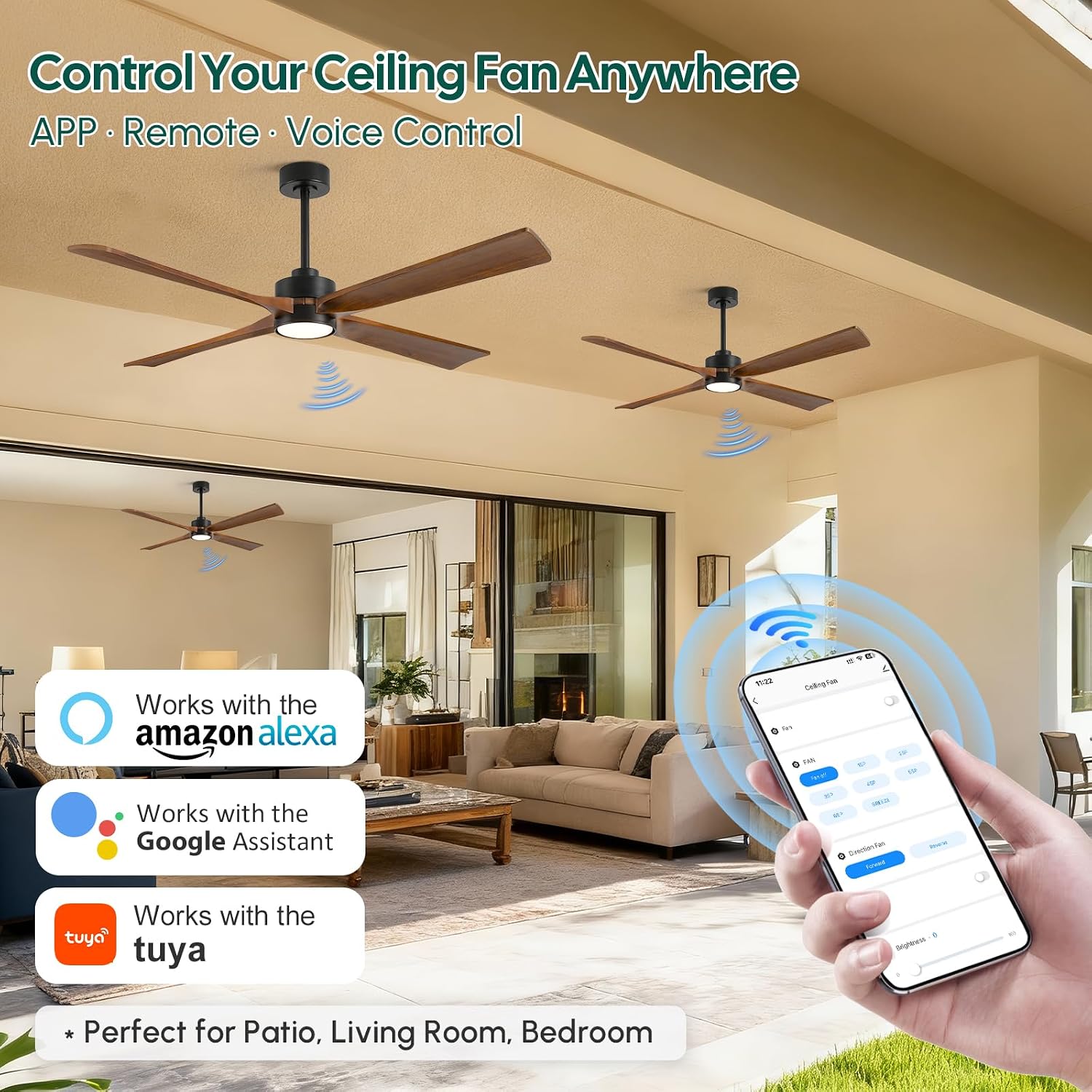 60 Inch Outdoor Smart Ceiling Fan with Lights, App/Alexa/Remote Control, High CFM Quiet Energy Efficient DC Motor, Modern Farmhouse Solid Wood Blades, Damp Rated for Covered Patio & Large Living Room
