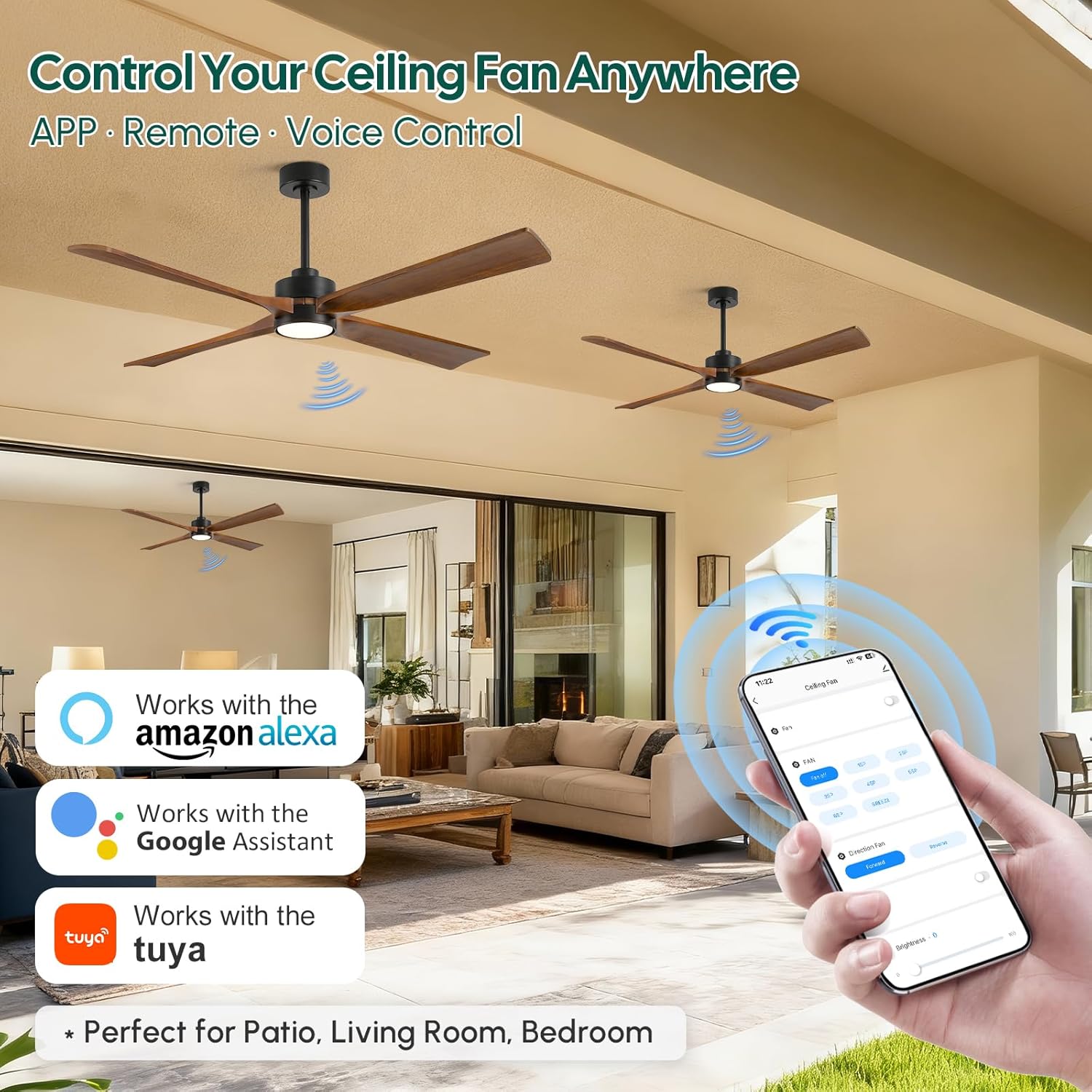 42 Inch Smart Outdoor Ceiling Fan with Light, Alexa/App/Remote Control, Damp Rated for Patio Porch, Brown Solid Wood Blades, Quiet Reversible DC Motor, Rustic Farmhouse Style for Indoor Bedroom