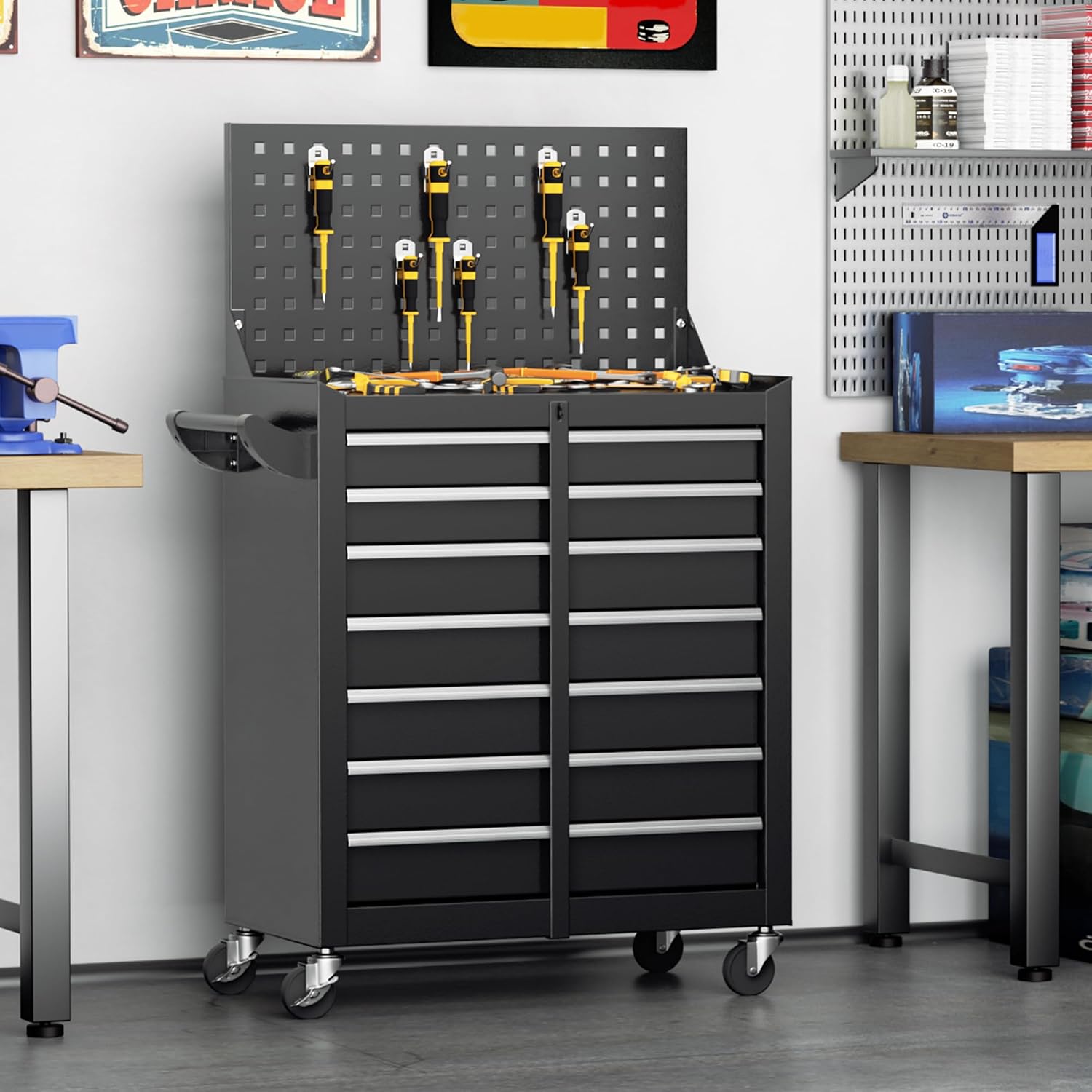 Greenvelly 7-Drawer Metal Tool Chest, Rolling Tool Chest with Wheels, Tool Cabinet with Pegboard and Hooks, Metal Tool Cart with Handle for Garage, Workshop, Warehouse (Black)