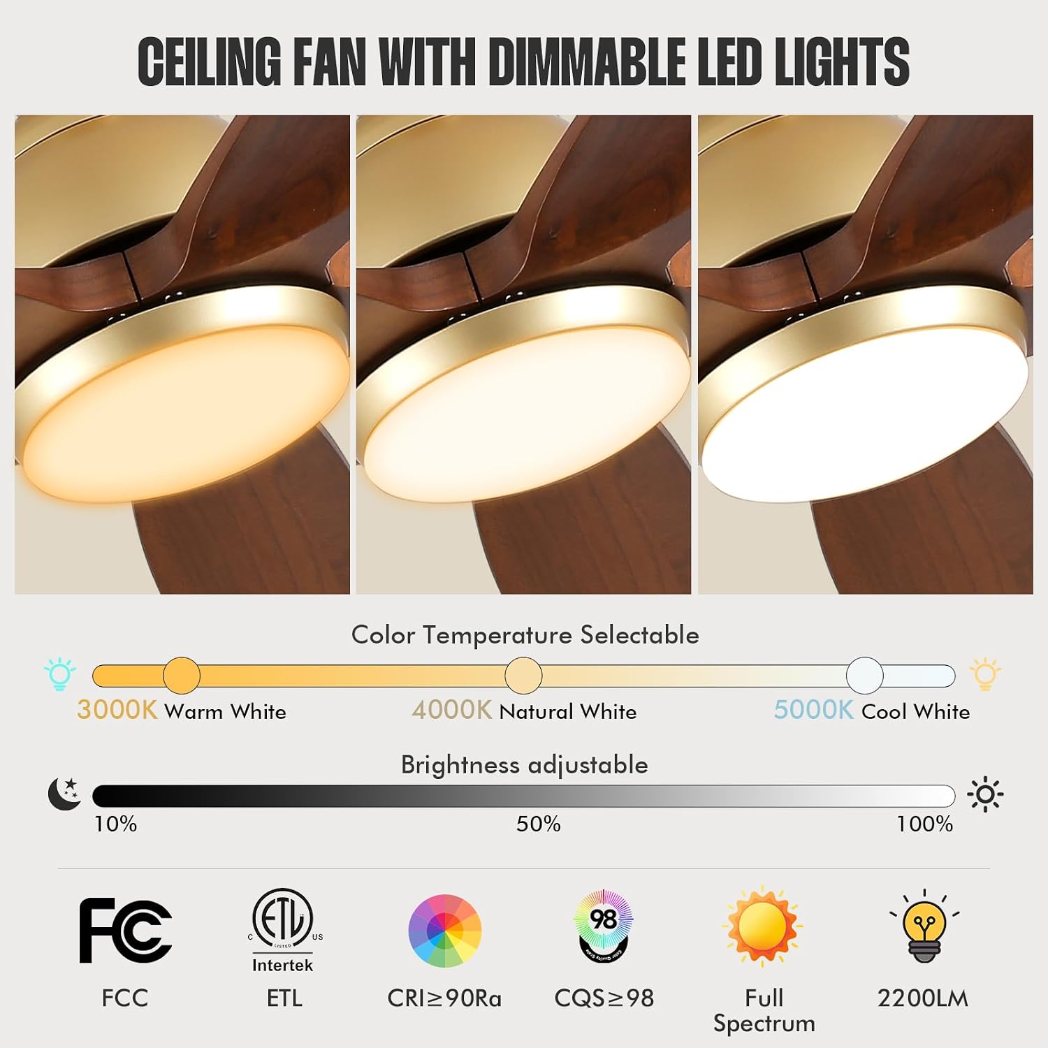 60 Inch Gold Ceiling Fan with Light and Remote, Outdoor Ceiling Fan for Patio Porch Gazebo, 5 Blade Solid Wood Rustic Farmhouse Ceiling Fans with Quiet DC Motor, Dimmable 3CCT