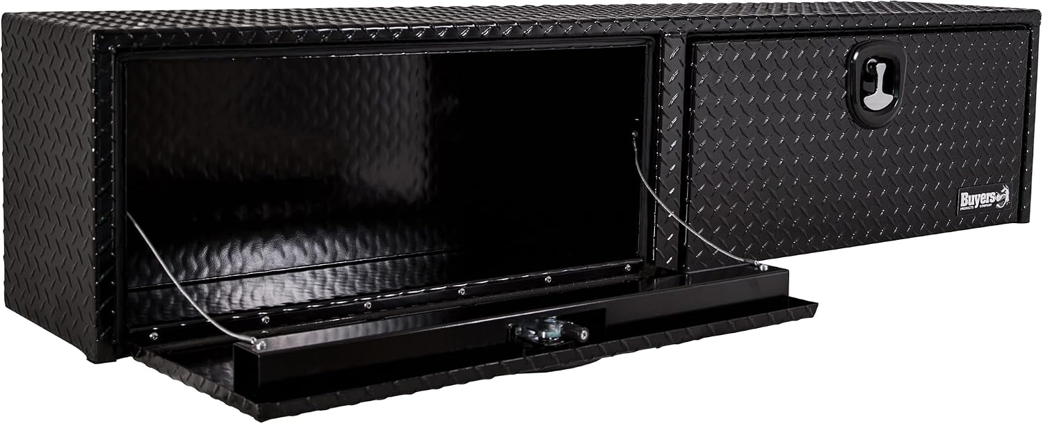 Buyers Products 1721556 Black Aluminum Diamond Tread Topsider Truck Box With Drop Door, 88x13x16 Inch, Weather Resistant, Locking Compression Latch, No Drill Install, Made in USA