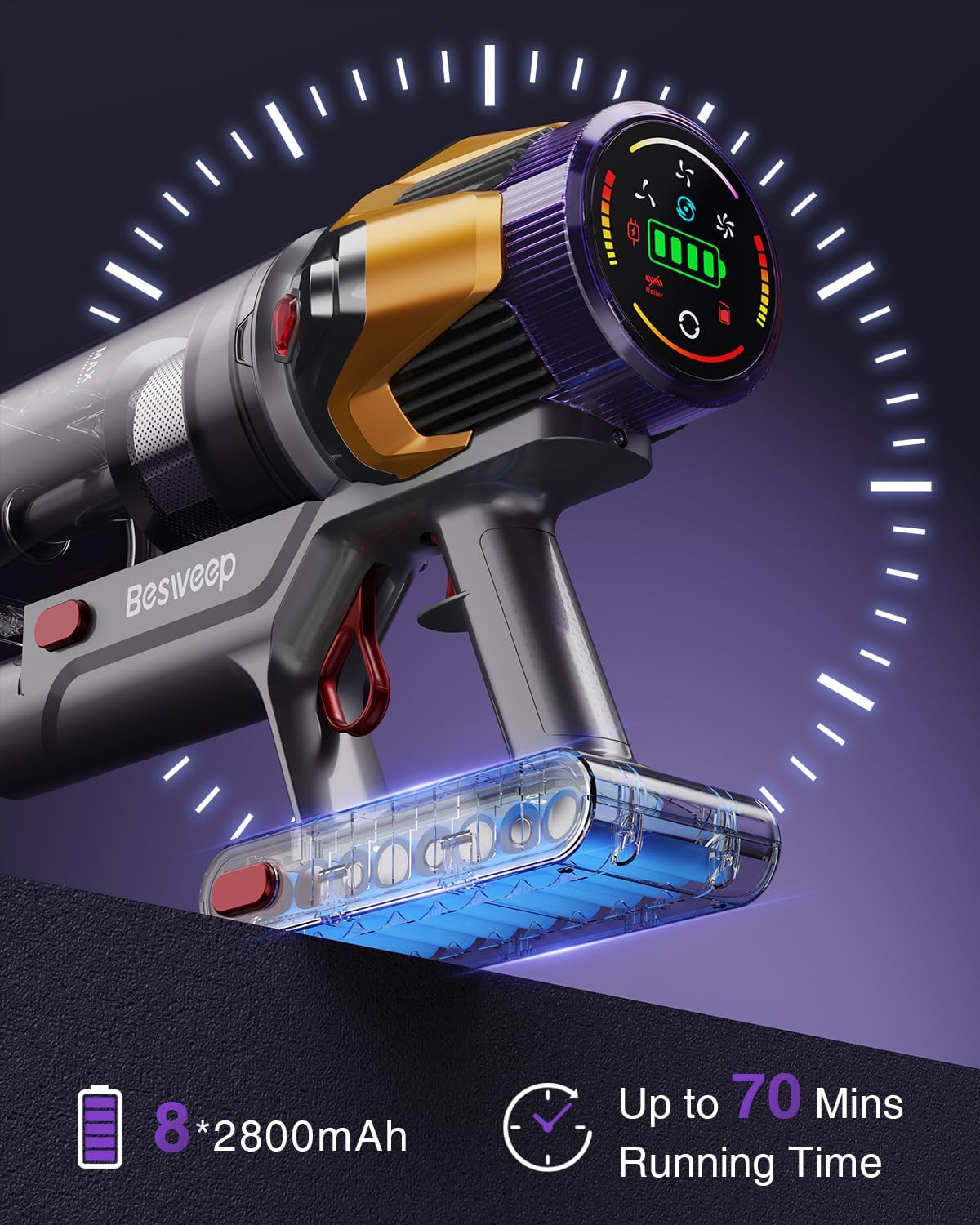 Cordless Vacuum Cleaner 55Kpa/650W/70Mins,1.8L Self Standing Stick Vacuum,Upgraded Vacuum Cordless with Hurricane Mode,Touch Screen,Anti-Tangle Wireless Vacuum,Vacuum Cleaners for Home/Pet Hair/Carpet