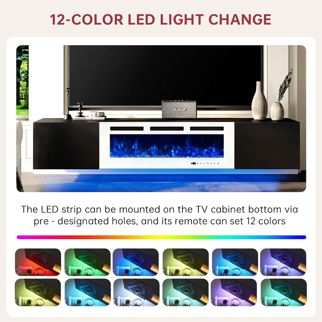 oneinmil 80' Floating TV Stand with 40' Electric Fireplace, Modern Entertainment Center with Storage, Adjustable 12-Color LED Lights, Fire Place TV Console for Living Room, Black+White