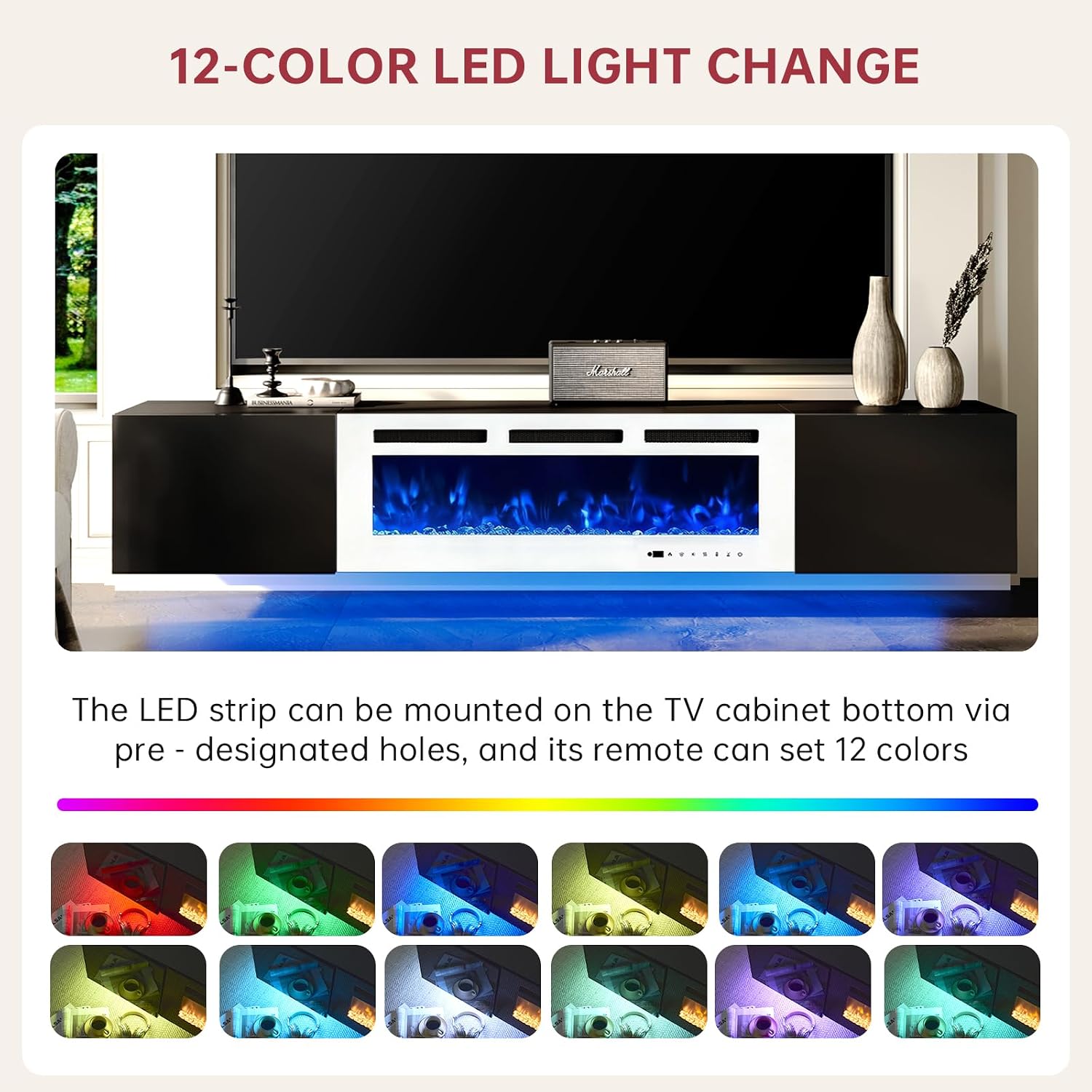 oneinmil 80' Floating TV Stand with 40' Electric Fireplace, Modern Entertainment Center with Storage, Adjustable 12-Color LED Lights, Fire Place TV Console for Living Room, Black+White