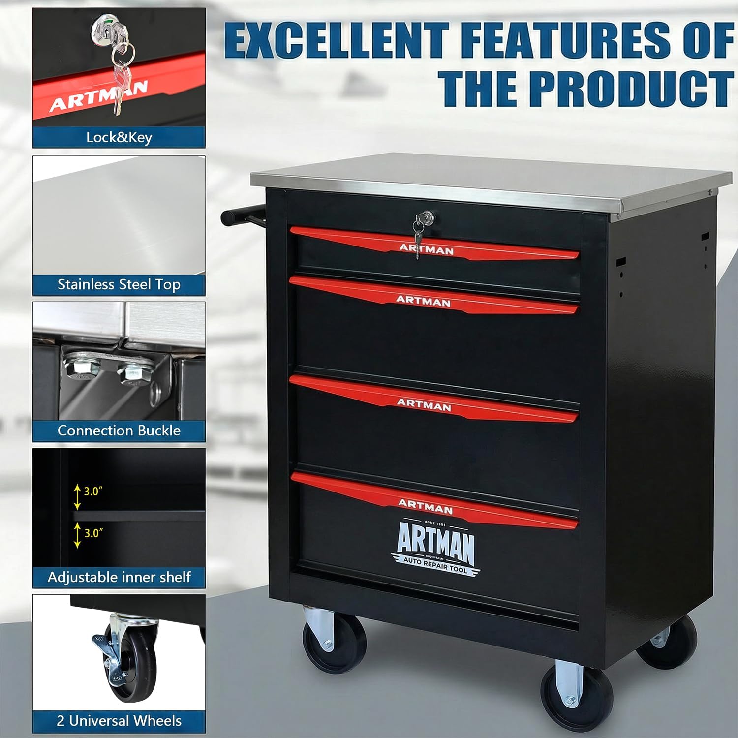4-Drawer Rolling Tool Chest with Stainless Steel Countertop,Tool Chest with Secure Locking System,Mobile Storage Tool Cabinet with 360°Wheels and Padded Feet,for Home,Garage (Black+Red)