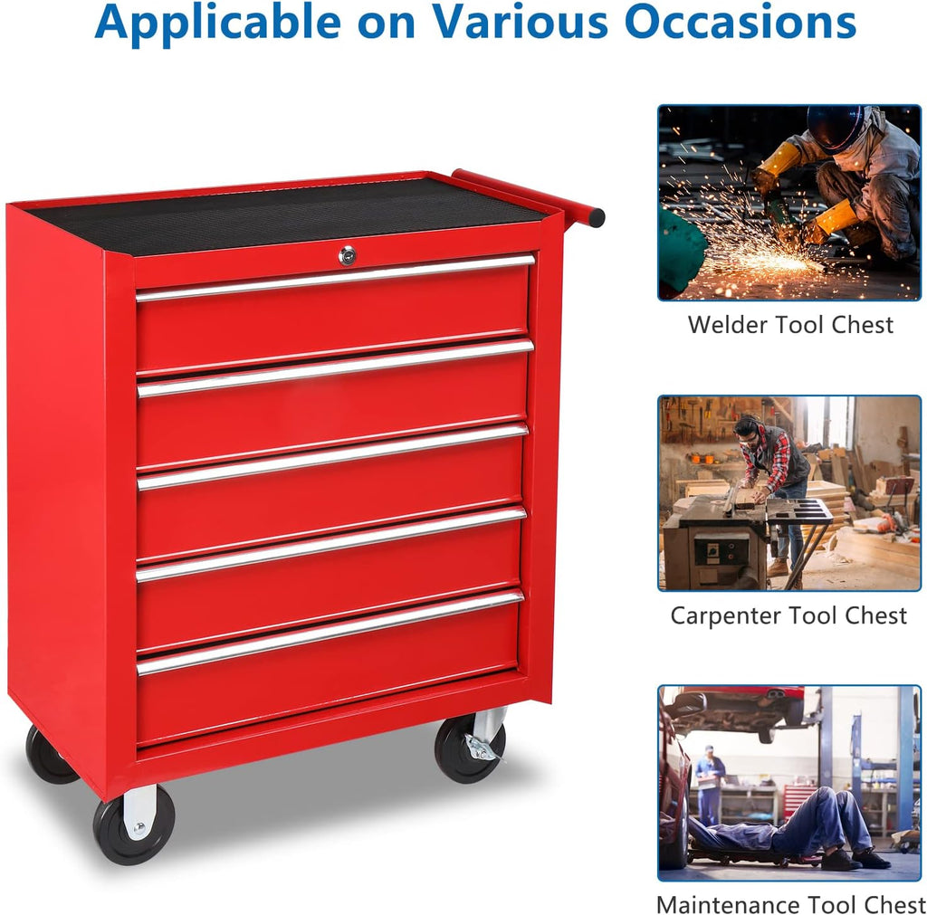 TUFFIOM 5-Drawer Rolling Tool Chest w/Drawers & Lock, Tool Storage Cabinet with Lockable Wheels, Top Cushion & Drawer Liners, Tool Organizer Box for Garage, Warehouse & Repair Sho