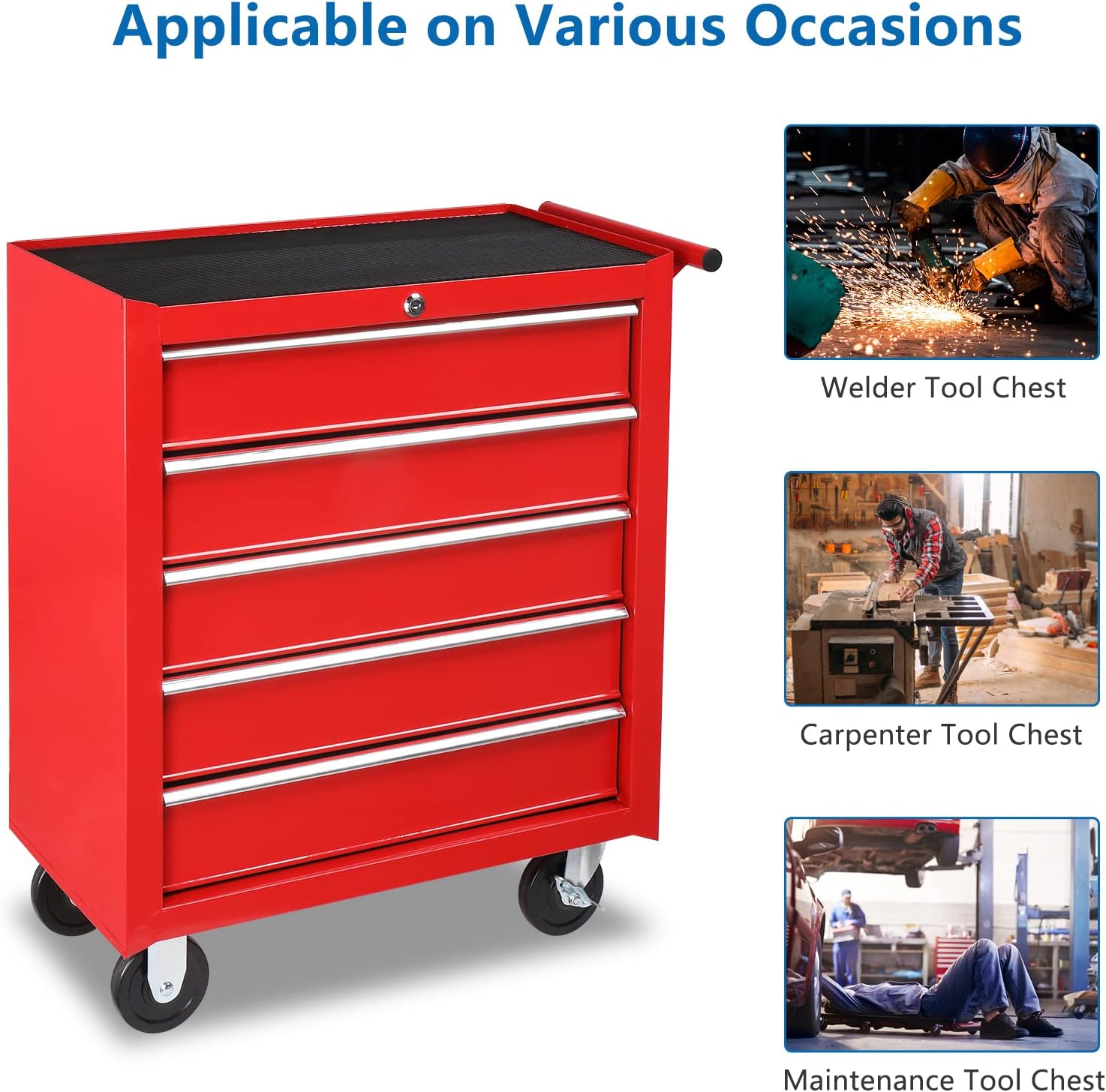 TUFFIOM 5-Drawer Rolling Tool Chest w/Drawers & Lock, Tool Storage Cabinet with Lockable Wheels, Top Cushion & Drawer Liners, Tool Organizer Box for Garage, Warehouse & Repair Sho