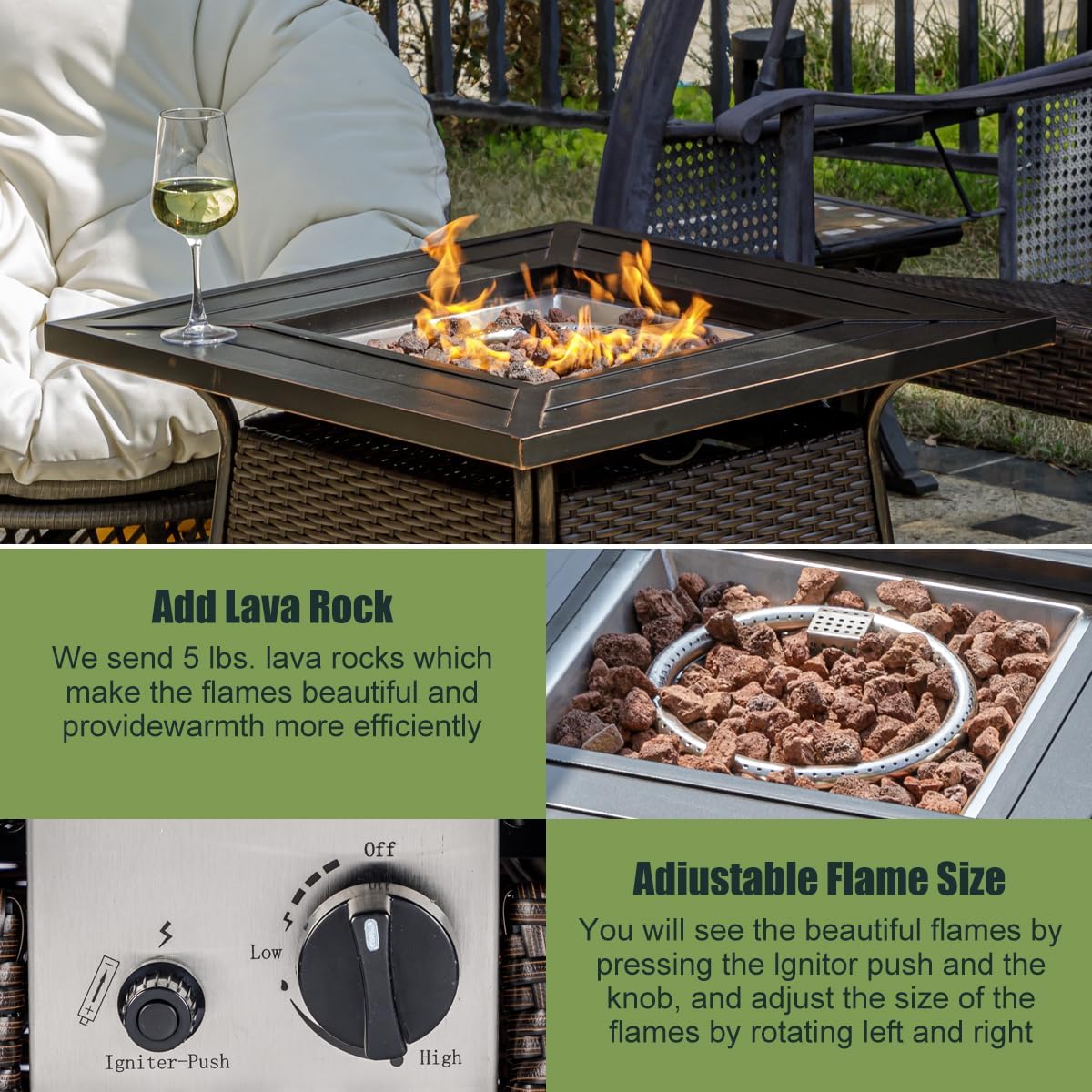 OutVue 28 inch Wicker Propane Fire Pit Table,Gas Fire Pits Table for Outside,50000 BTU Propane Firepit with Lid &Lava Rocks,Gas Firepit for Garden,Yard (Brown Rattan)